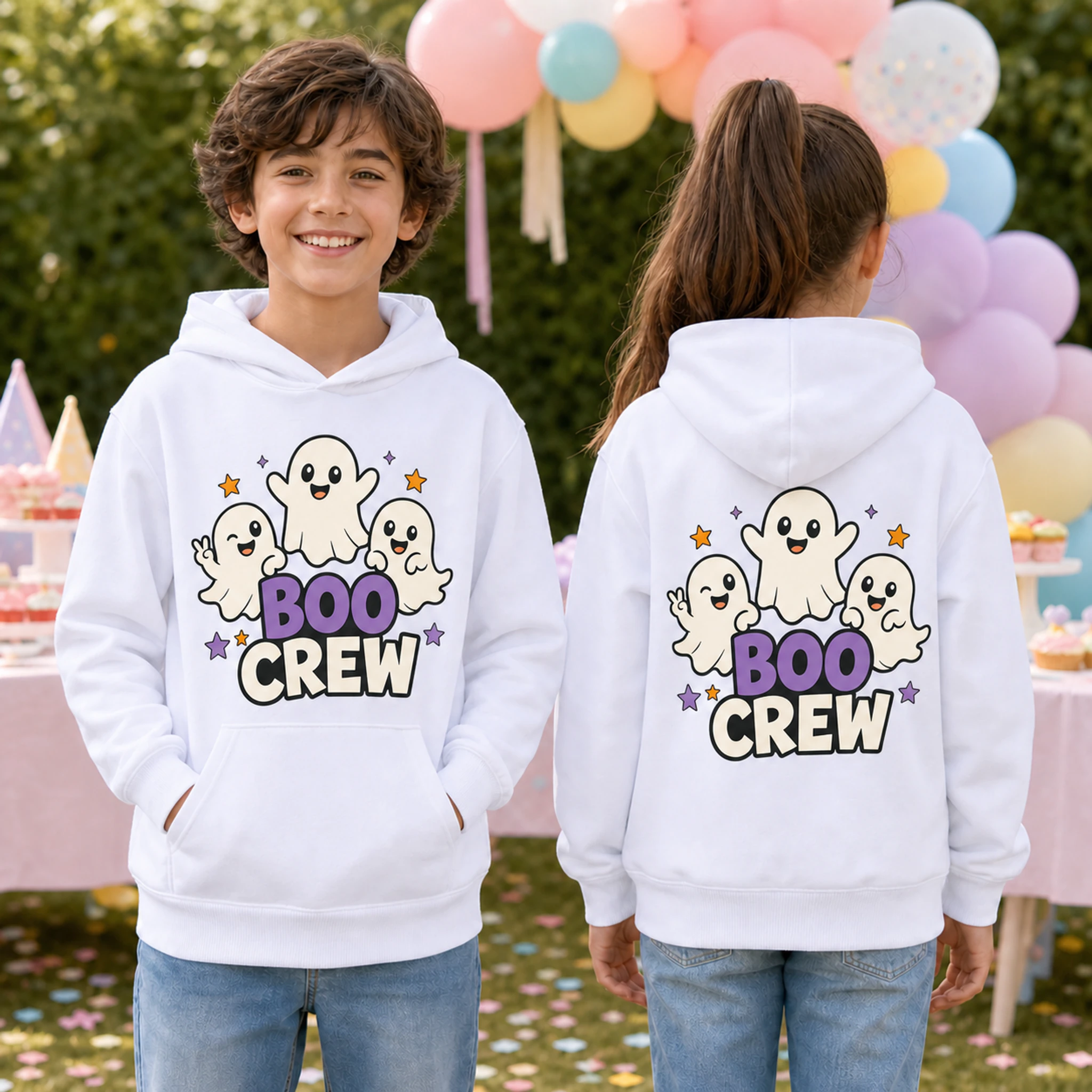 Boo Crew Custom Kids Pullover Hoodie shown in a styled lifestyle setting