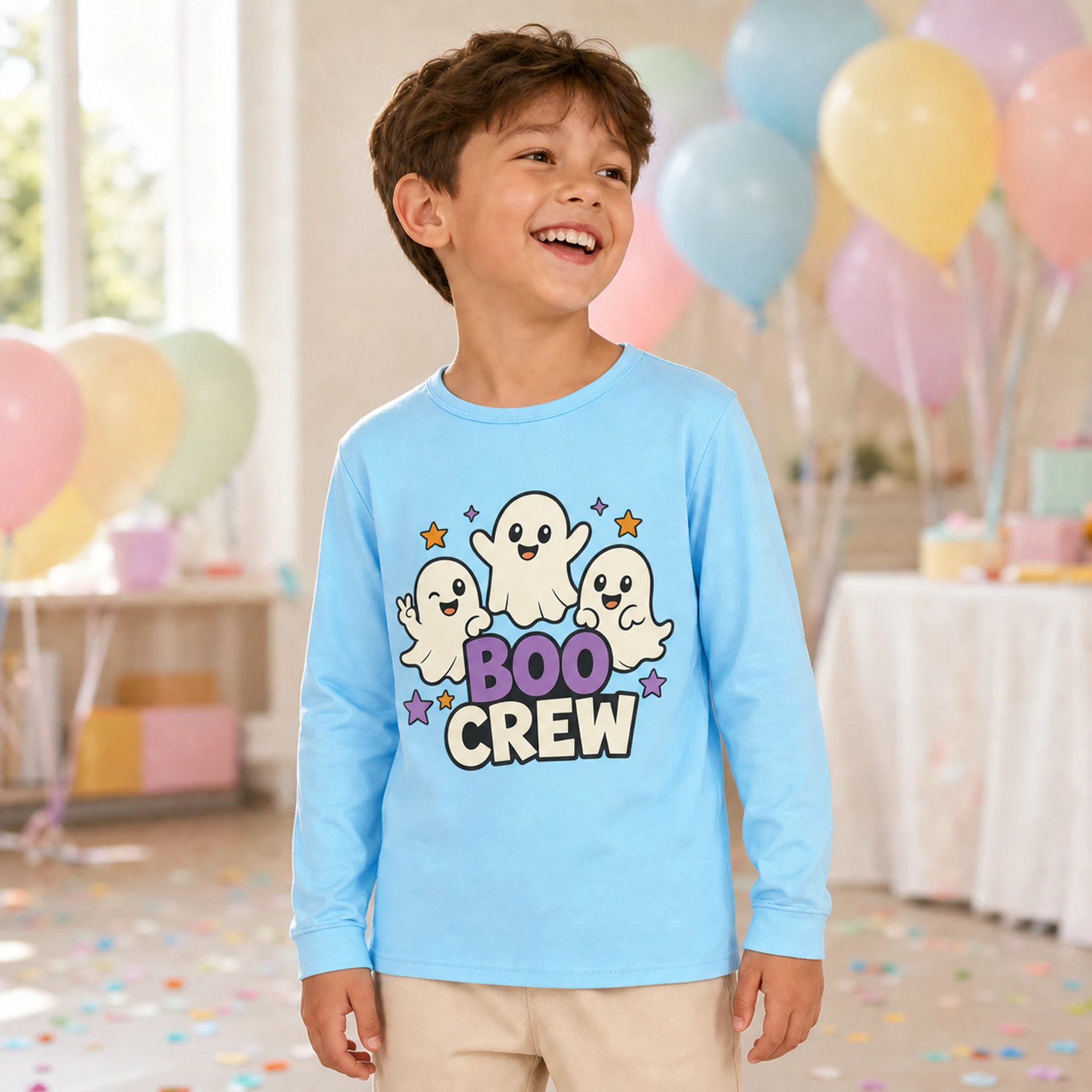 Boo Crew Custom Kids Soft Long-Sleeve Top shown in a styled lifestyle setting