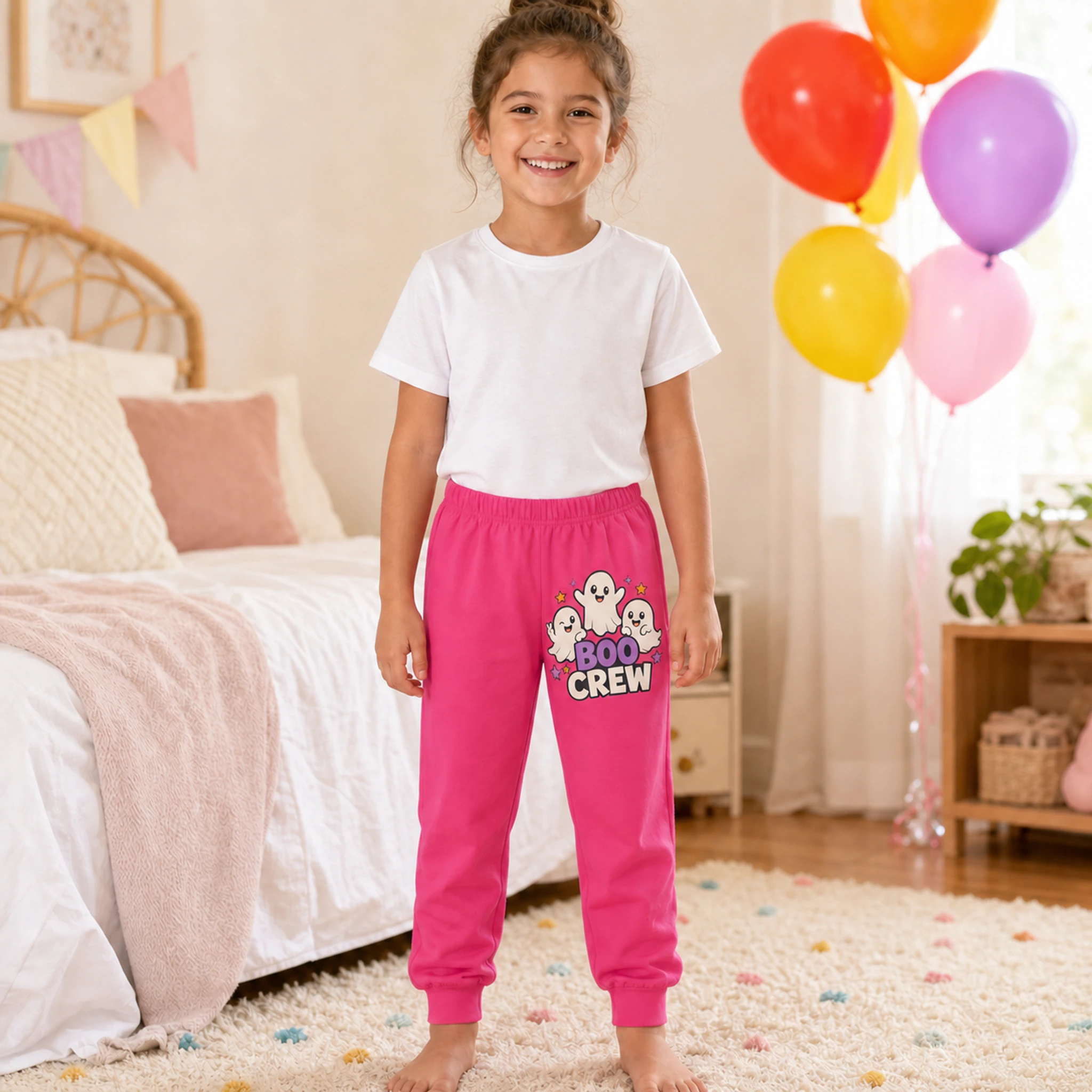 Boo Crew Custom Kids Soft Pajama Pants shown in a styled lifestyle setting