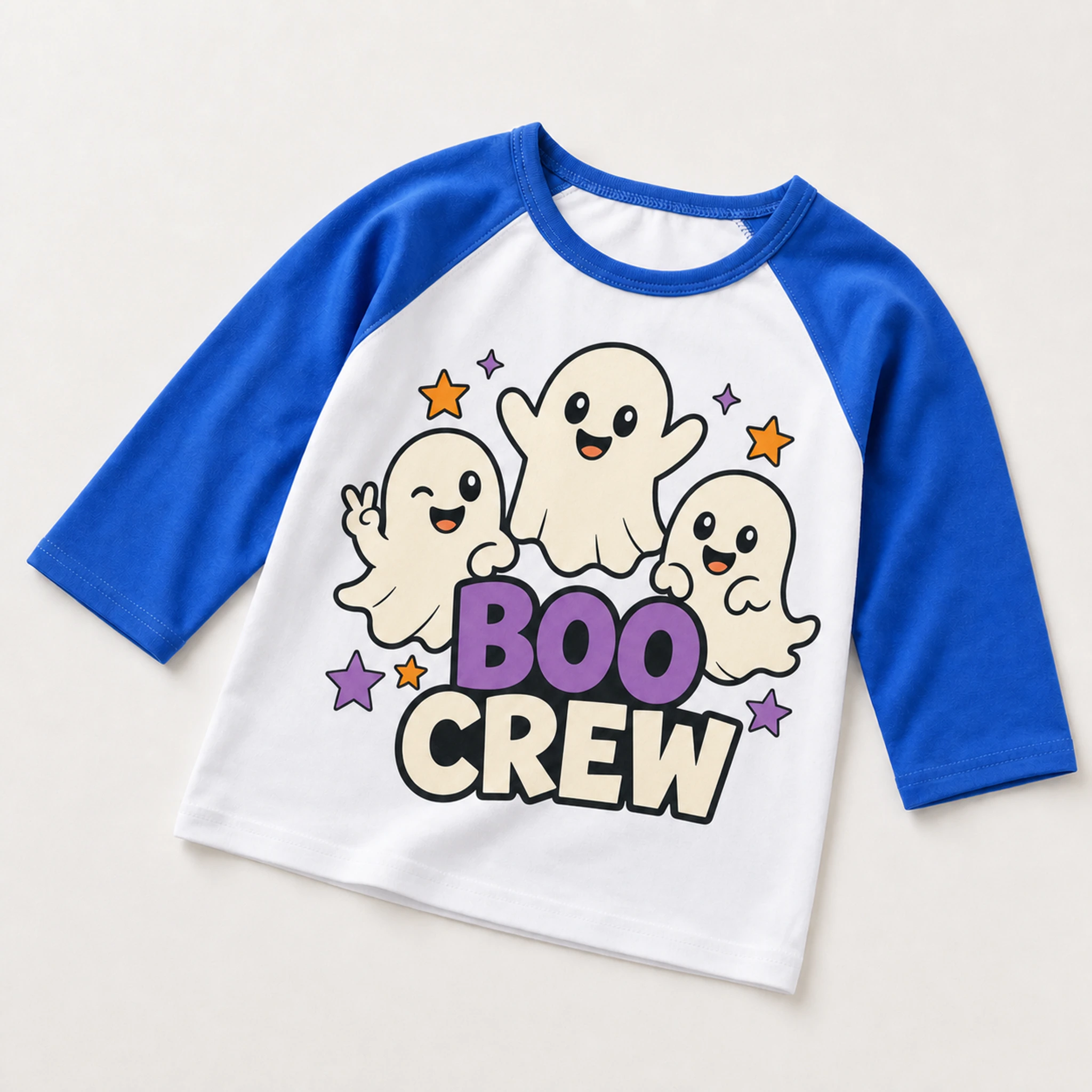 Boo Crew Custom Kids Soft Three-Quarter-Sleeve Top — Alternate Style print, fabric, and construction details