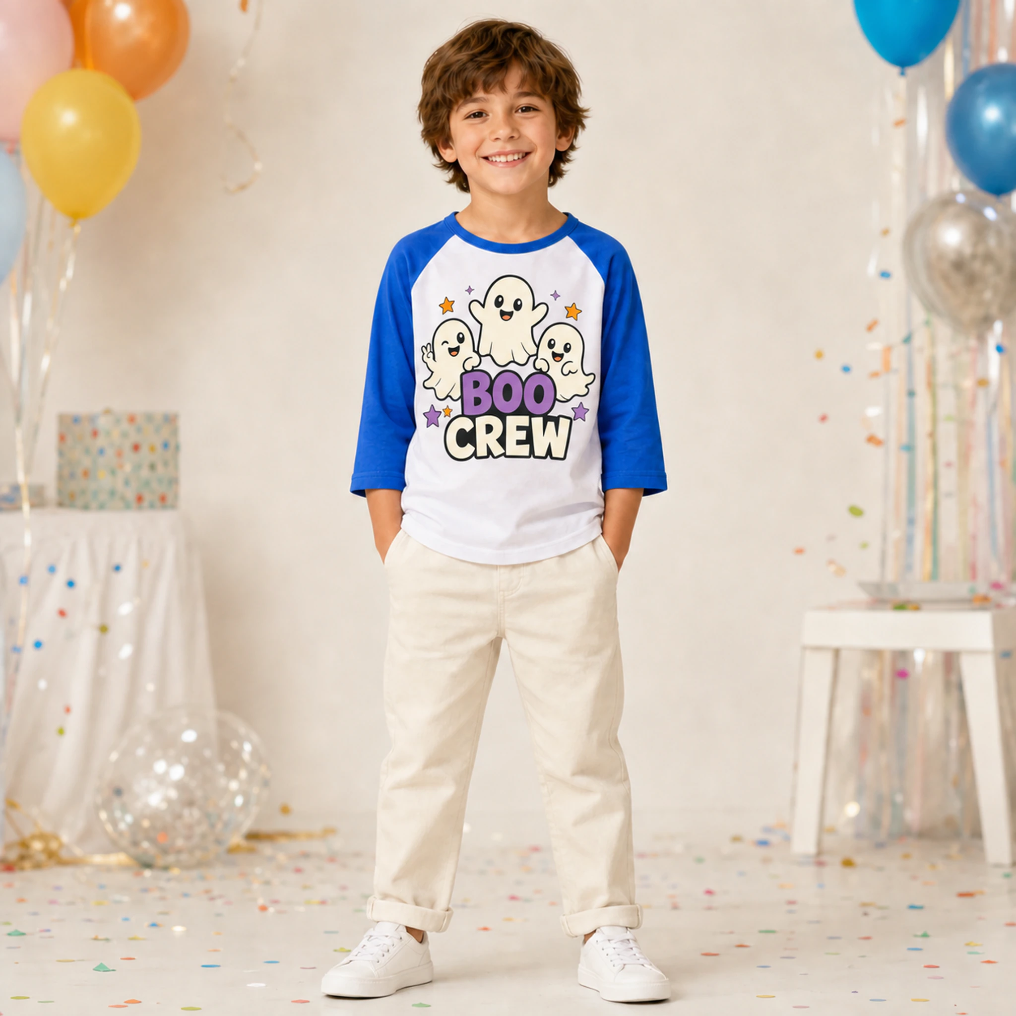 Boo Crew Custom Kids Soft Three-Quarter-Sleeve Top — Alternate Style shown in a styled lifestyle setting