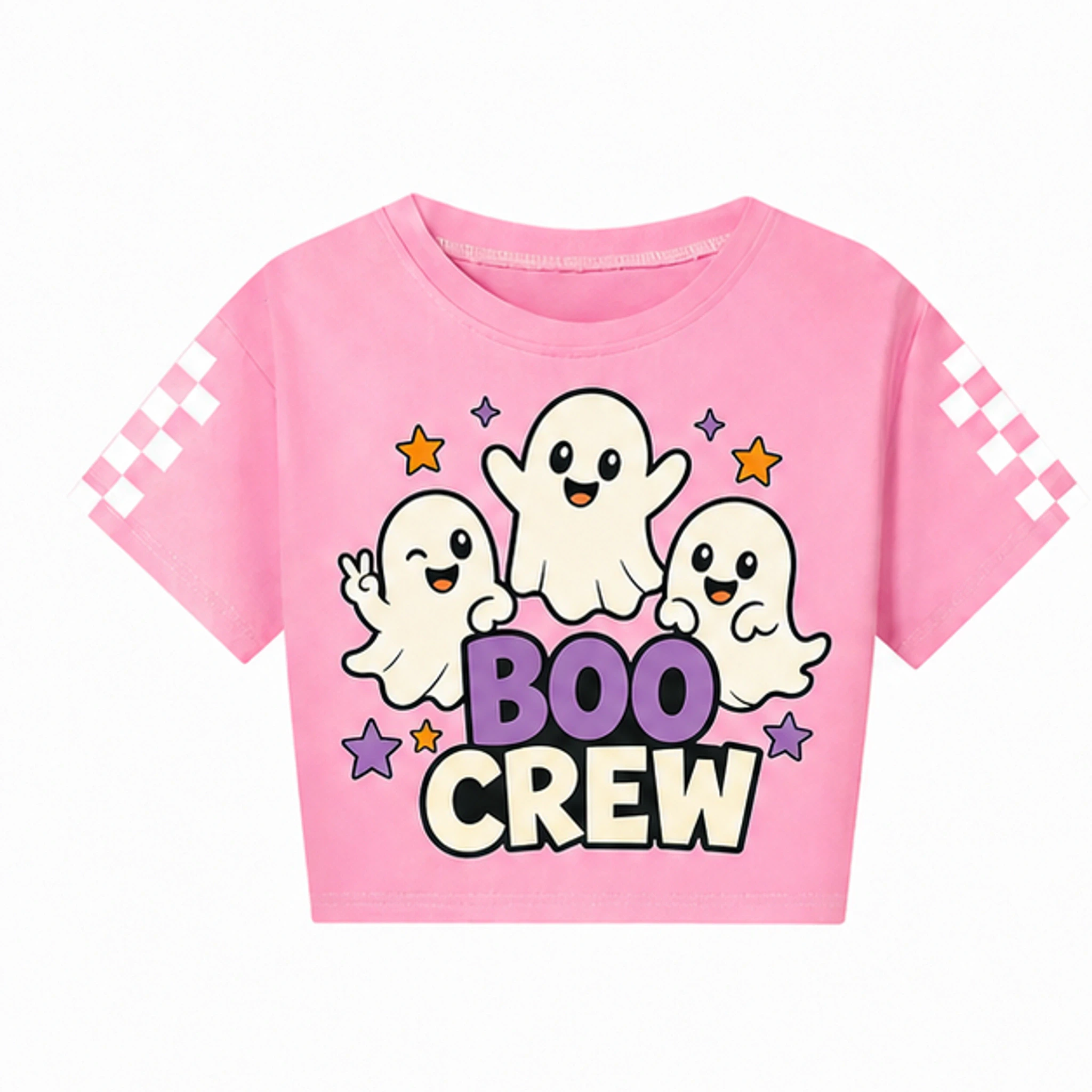 Pink Custom Kids Checker-Sleeve Cropped Short-Sleeve Top with the Boo Crew design