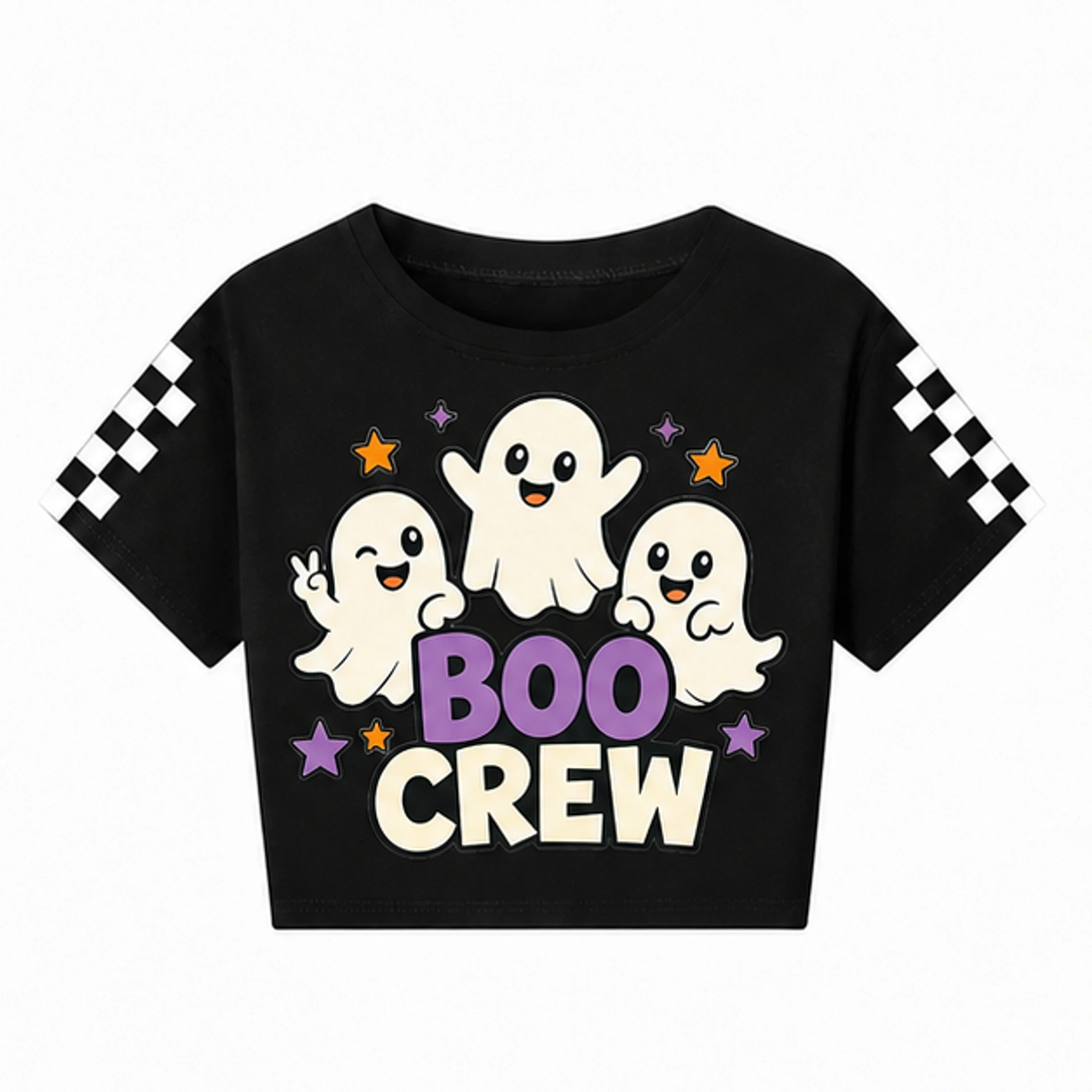 Black Custom Kids Checker-Sleeve Cropped Short-Sleeve Top with the Boo Crew design
