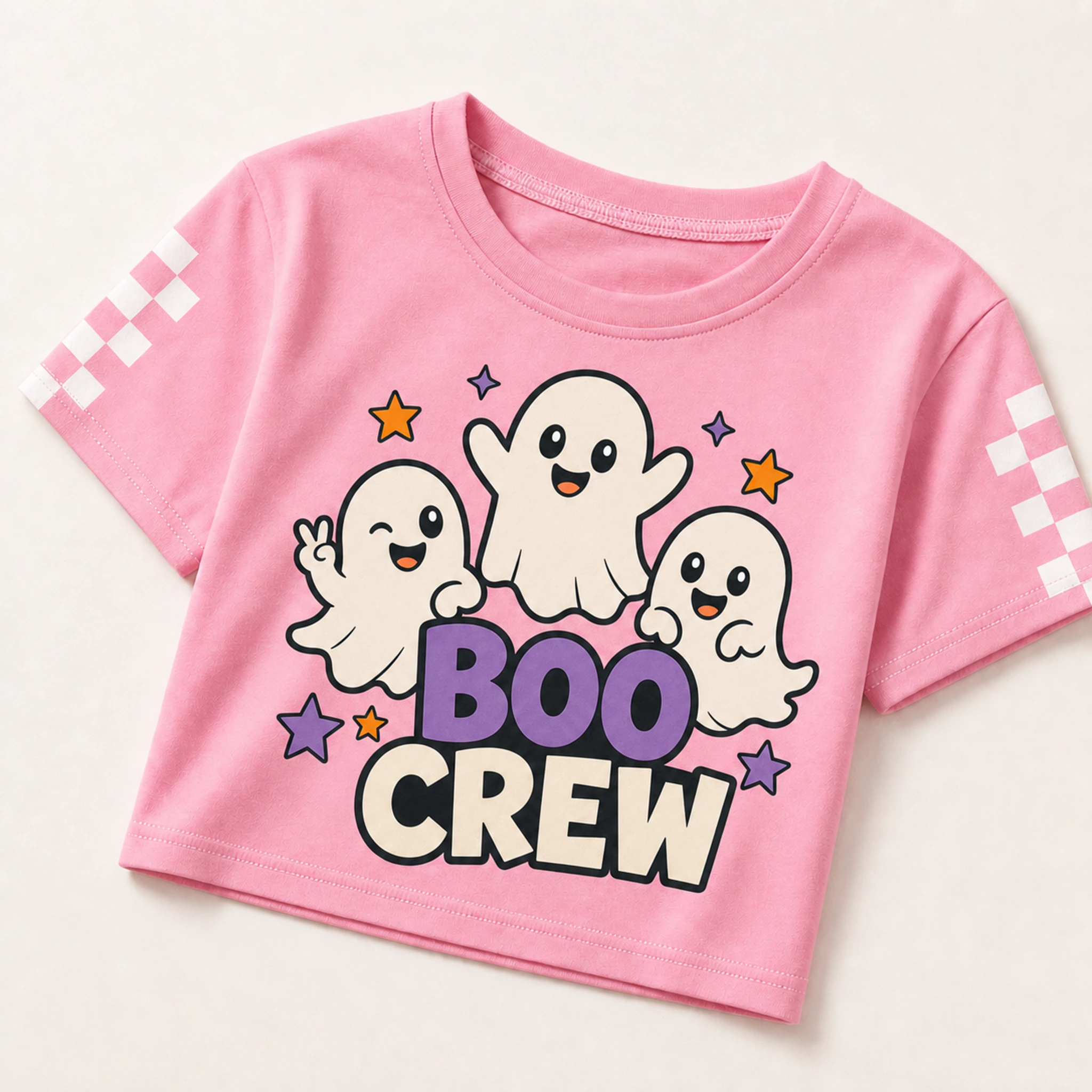 Boo Crew Custom Kids Checker-Sleeve Cropped Short-Sleeve Top print, fabric, and construction details