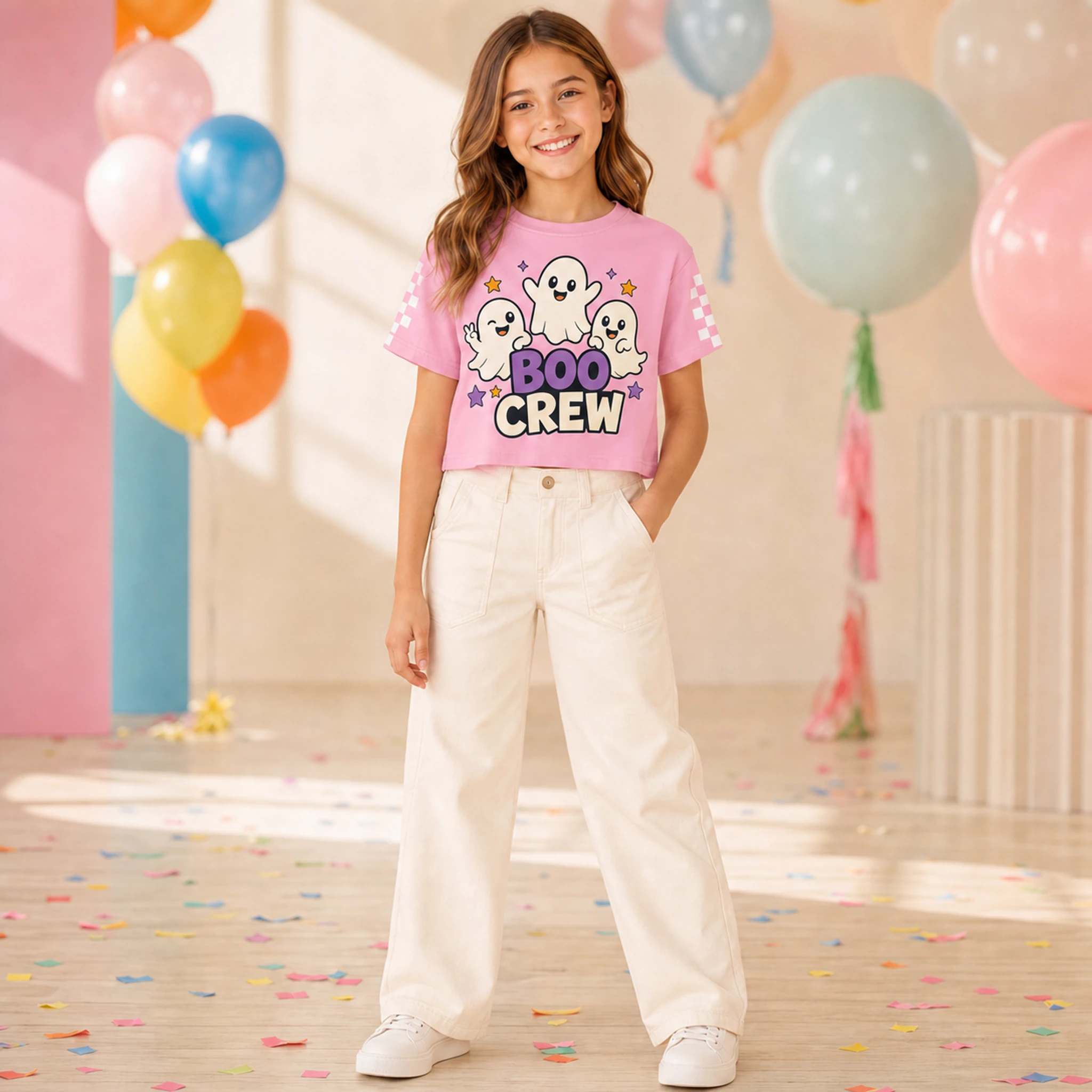 Boo Crew Custom Kids Checker-Sleeve Cropped Short-Sleeve Top shown in a styled lifestyle setting