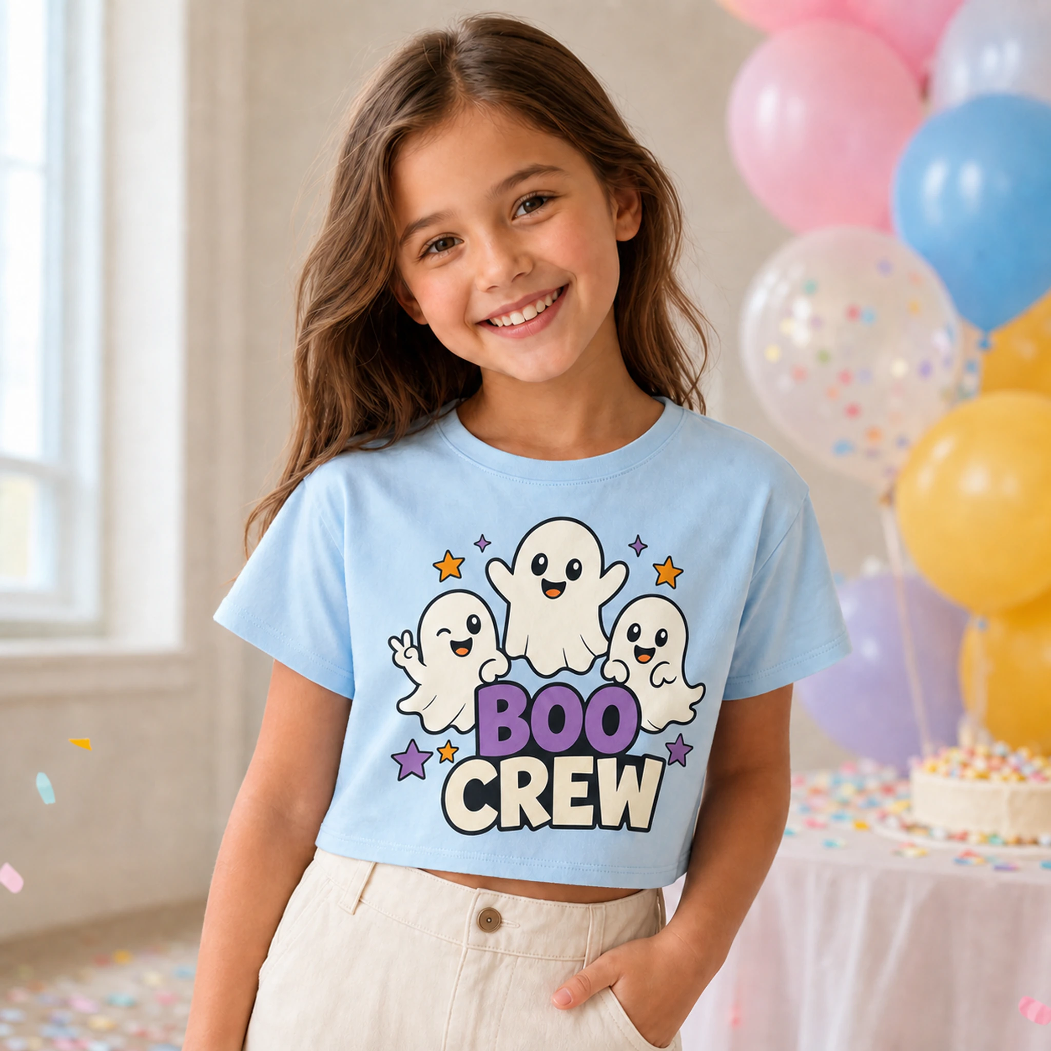 Boo Crew Custom Kids Cropped Short-Sleeve Top shown in a styled lifestyle setting