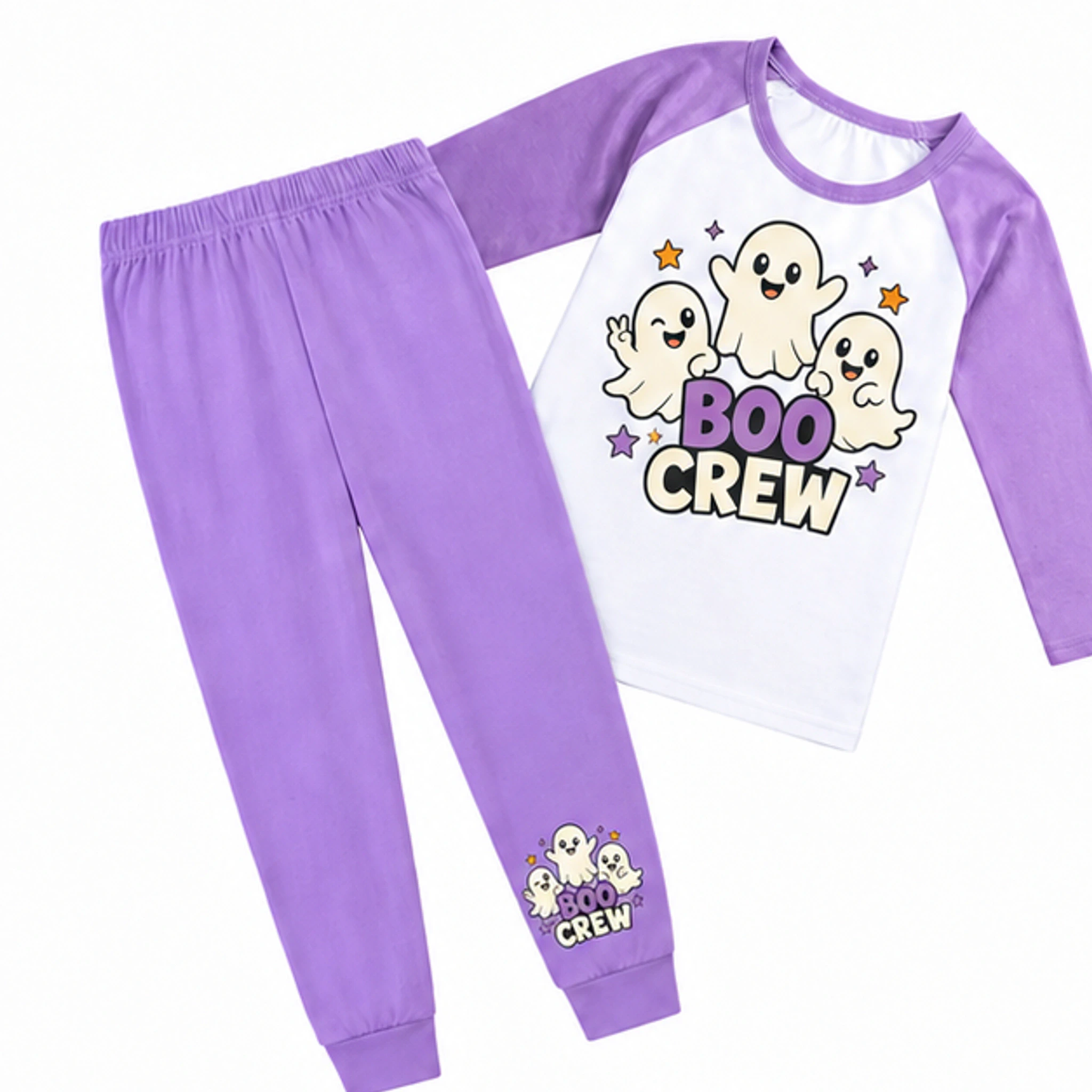 Purple · Short-Sleeve Style Custom Kids Three-Quarter-Sleeve Raglan Top & Pants Set with the Boo Crew design