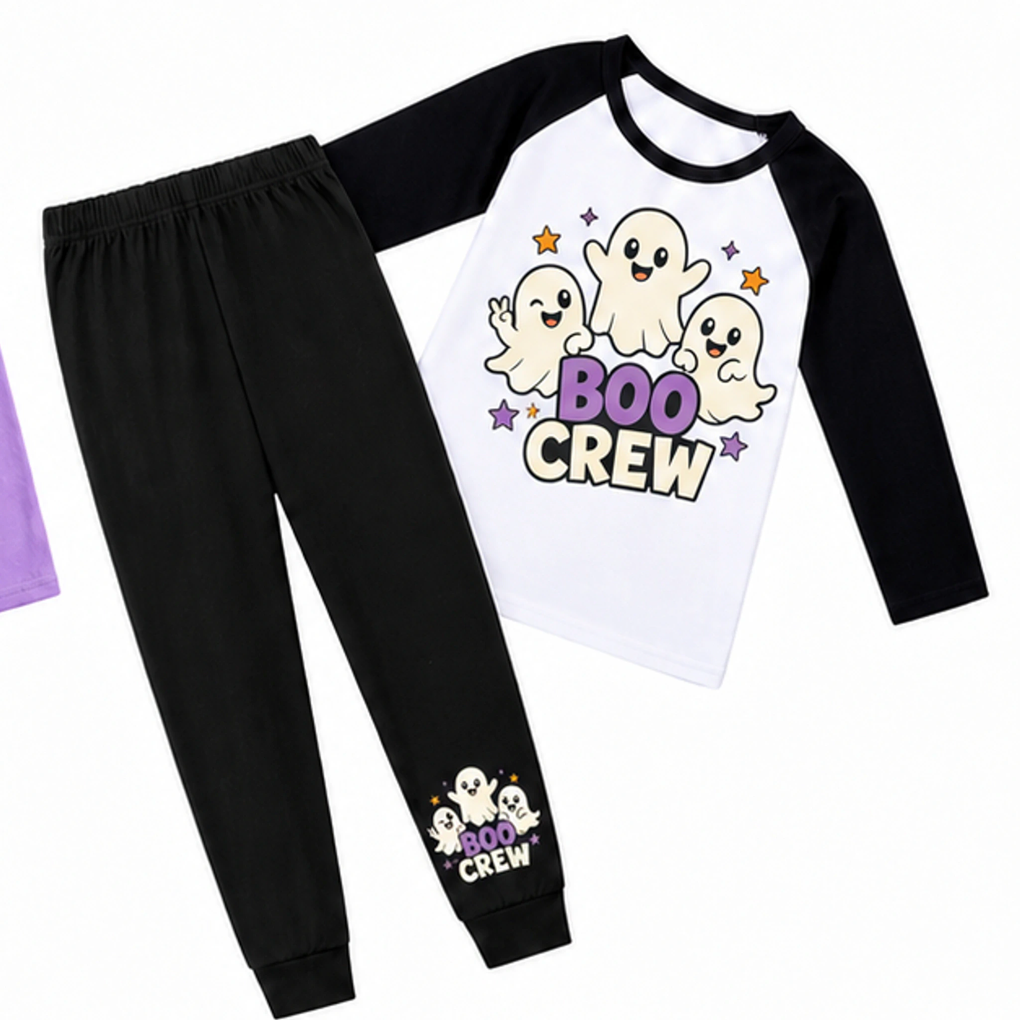 Black · Short-Sleeve Style Custom Kids Three-Quarter-Sleeve Raglan Top & Pants Set with the Boo Crew design