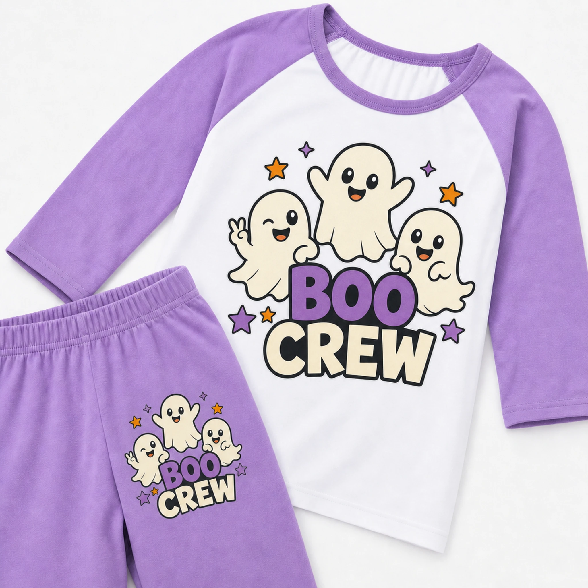 Boo Crew Custom Kids Three-Quarter-Sleeve Raglan Top & Pants Set print, fabric, and construction details