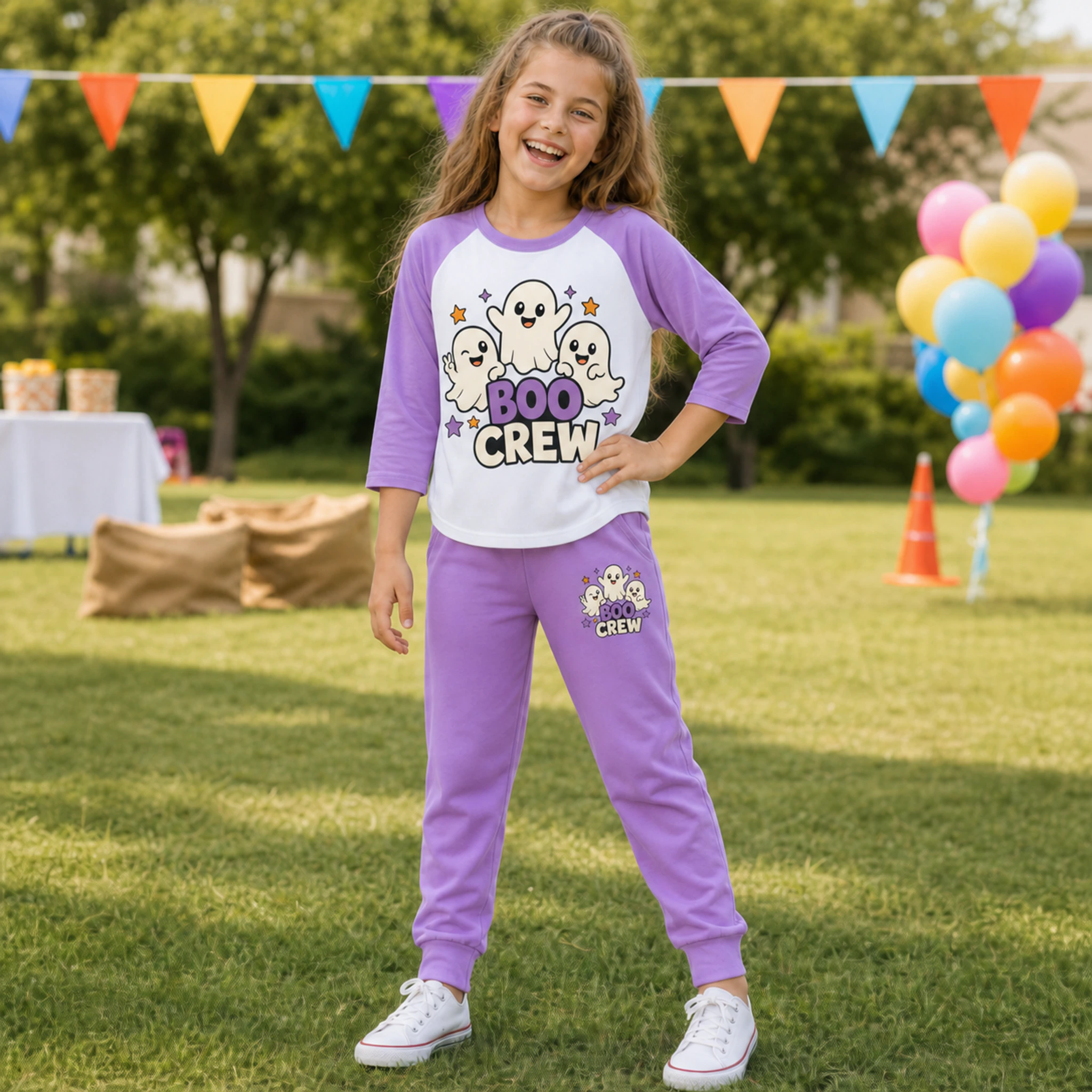 Boo Crew Custom Kids Three-Quarter-Sleeve Raglan Top & Pants Set shown in a styled lifestyle setting