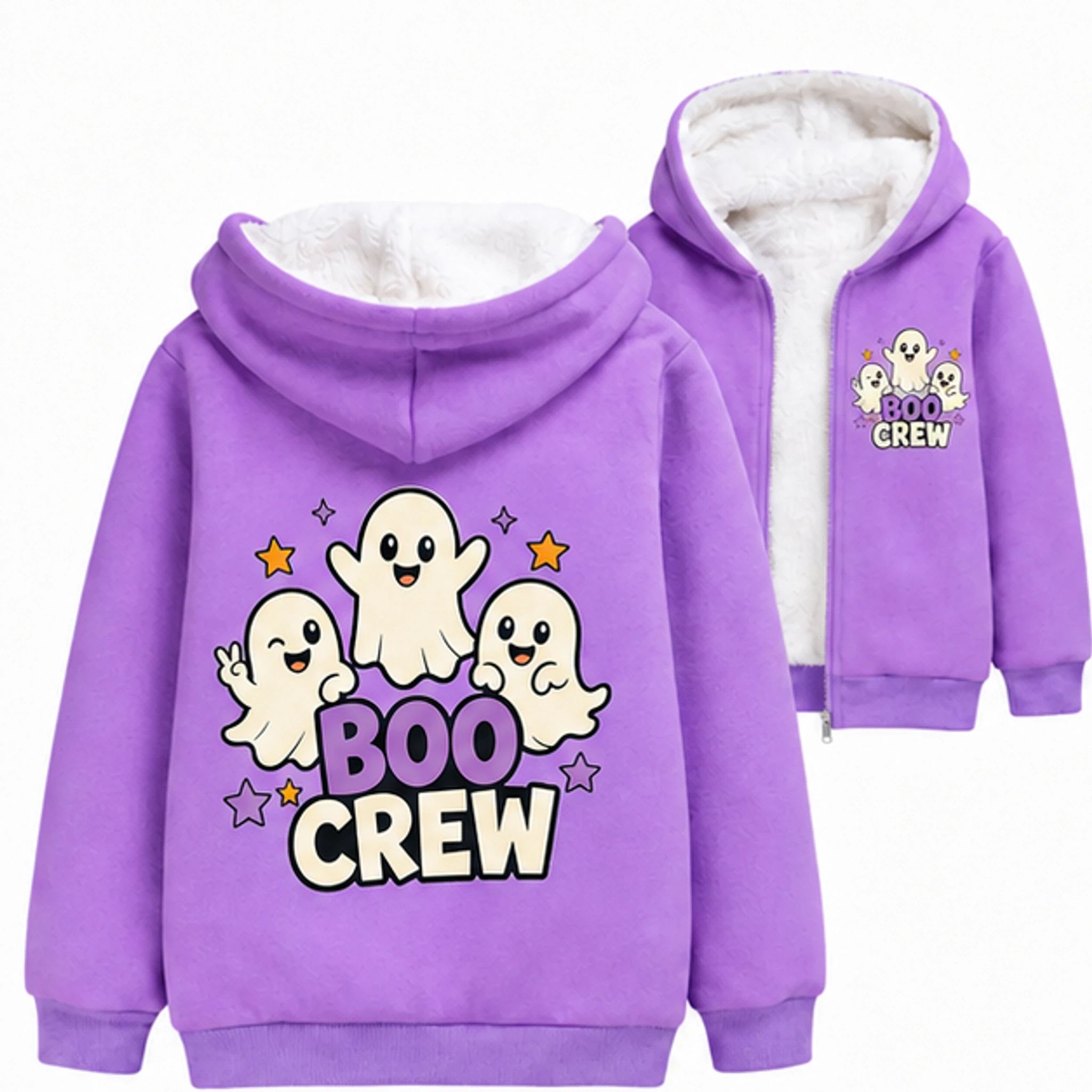 Purple Custom Kids Thick Zip Winter Jacket with the Boo Crew design