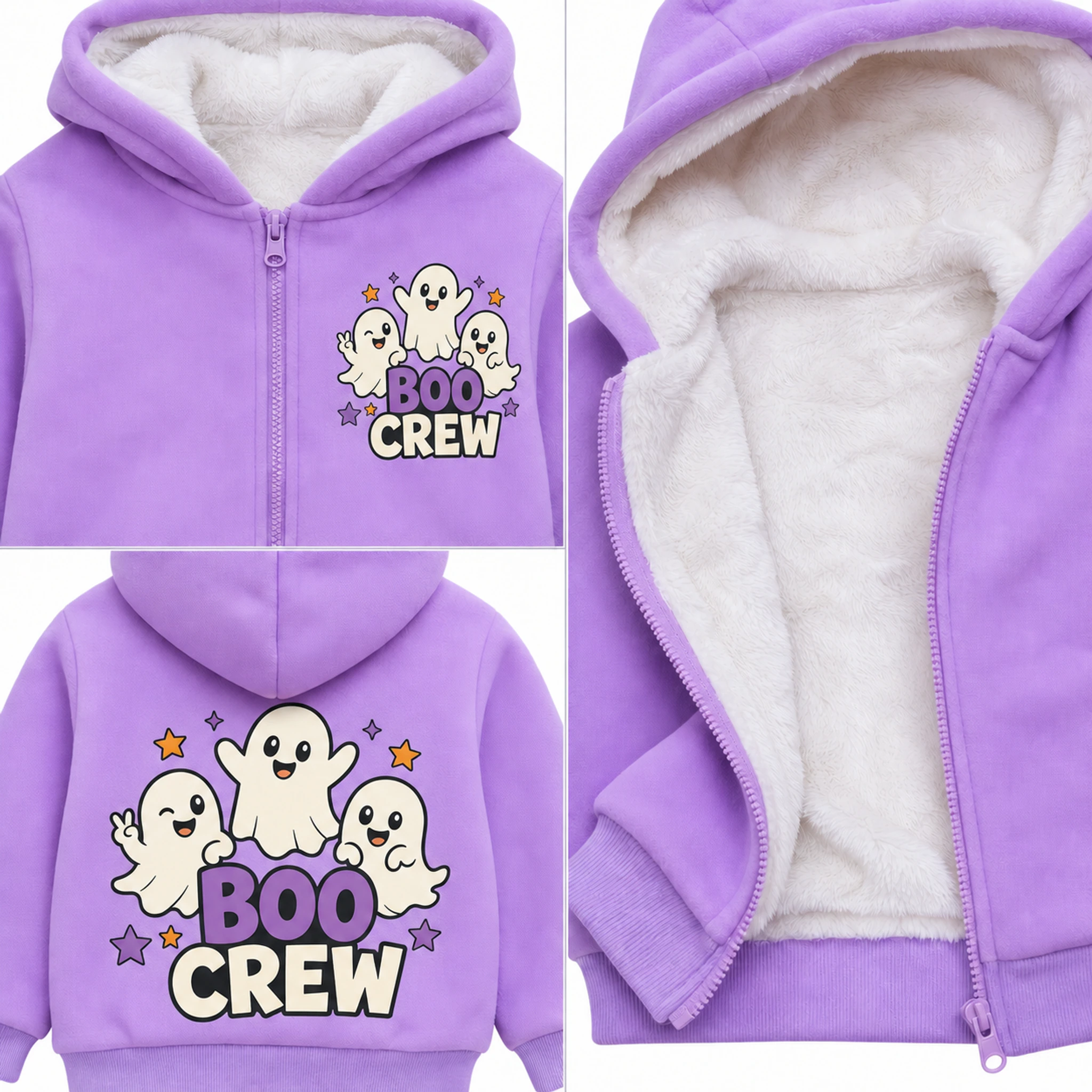 Boo Crew Custom Kids Thick Zip Winter Jacket print, fabric, and construction details