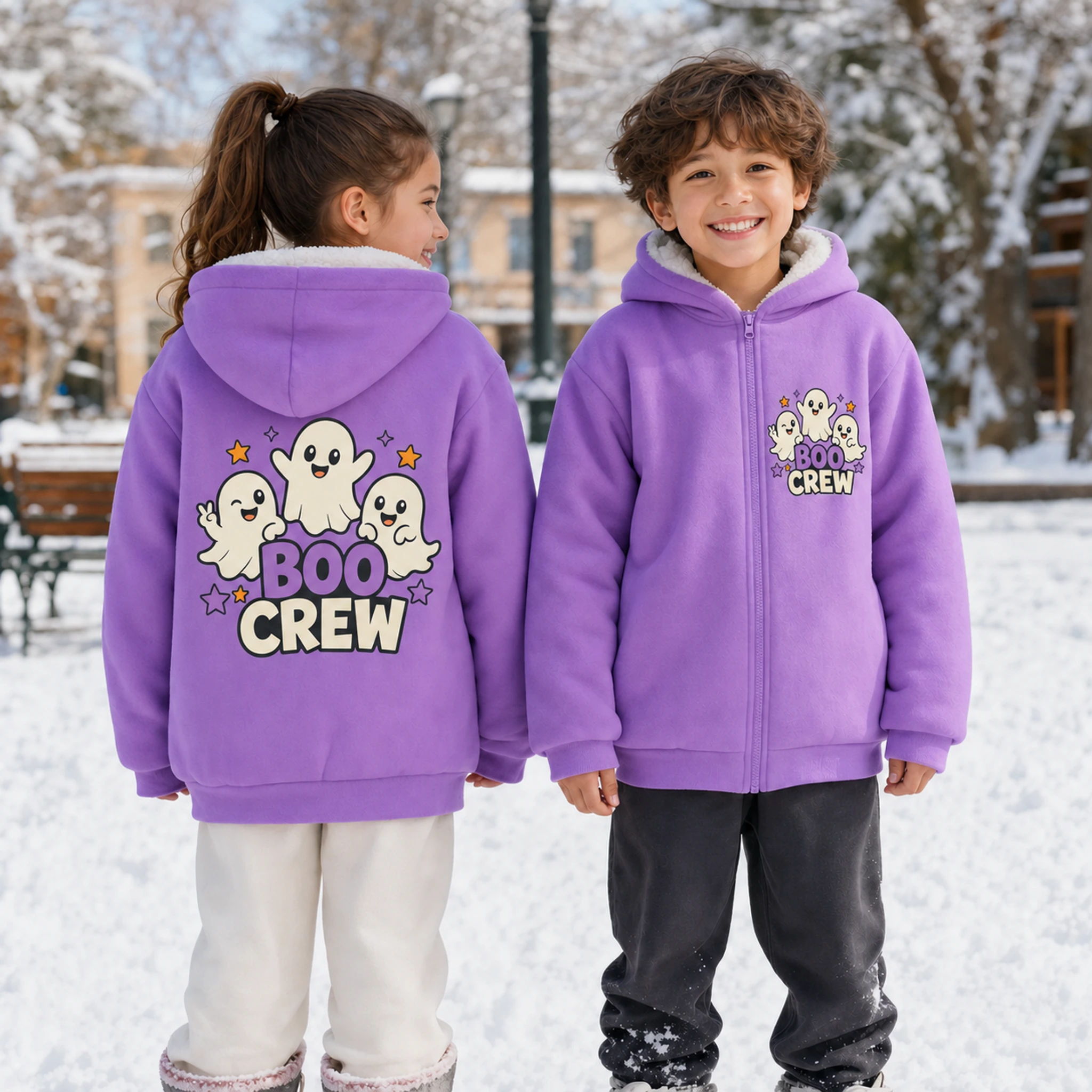 Boo Crew Custom Kids Thick Zip Winter Jacket shown in a styled lifestyle setting