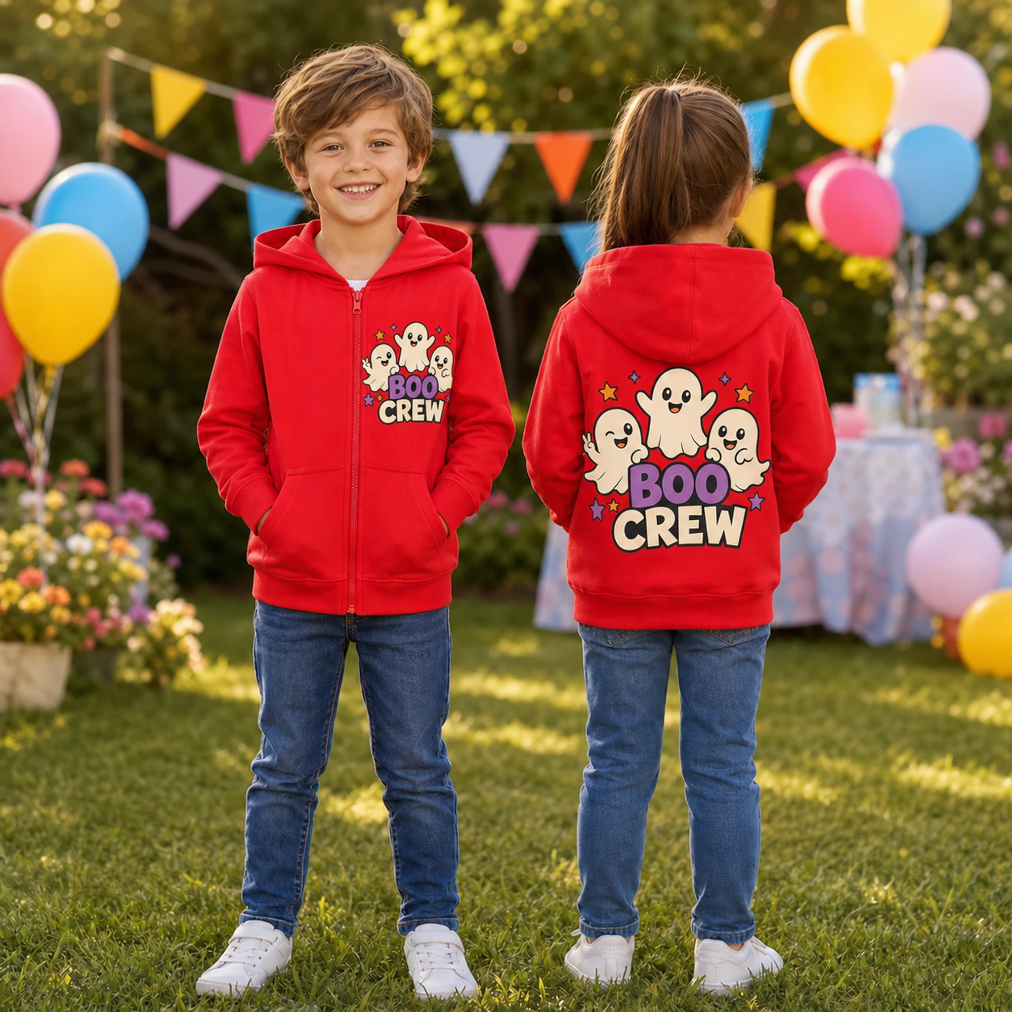 Boo Crew Custom Kids Zip-Up Cardigan Jacket shown in a styled lifestyle setting