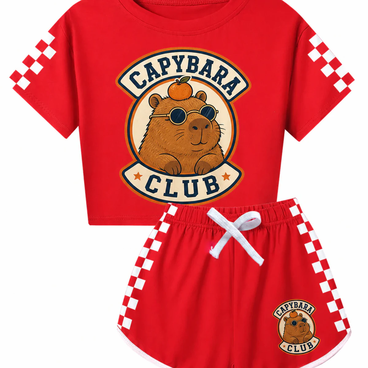 Capybara Club Custom Family Checker Short-Sleeve Top and Shorts Set AI-rendered from the exact blank product, showing integrated print and fabric detail