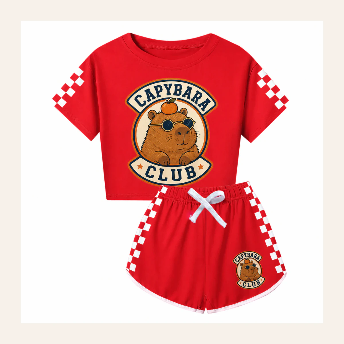Capybara Club Custom Family Checker Short-Sleeve Top and Shorts Set AI-rendered from the exact blank product, shown in an alternate clean ecommerce presentation