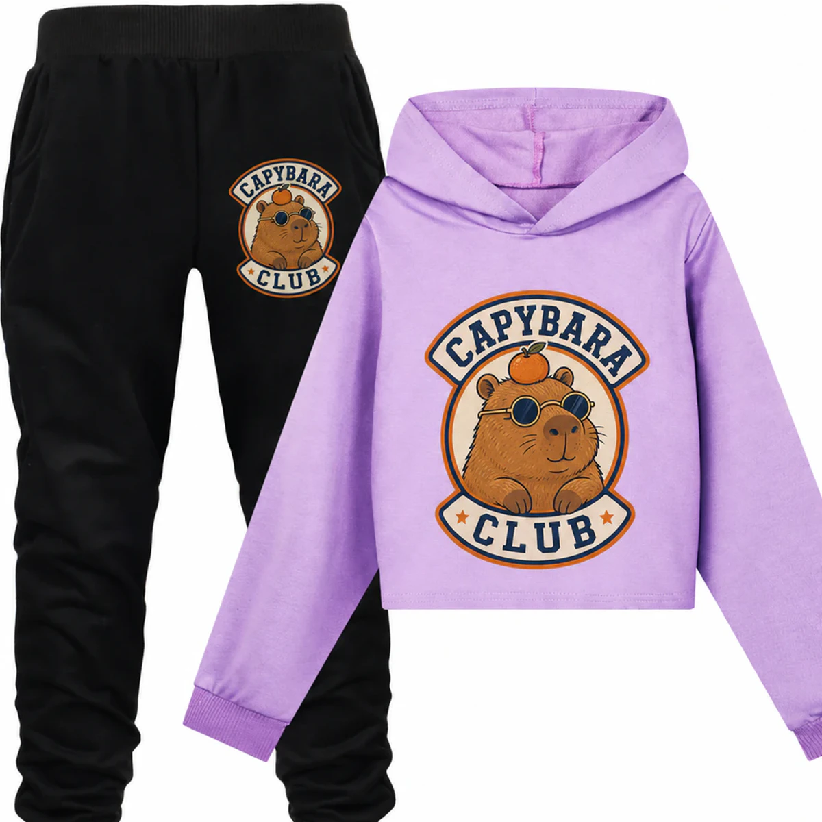 Capybara Club Custom Girls Cropped Hoodie and Pants Set AI-rendered from the exact blank product, showing integrated print and fabric detail