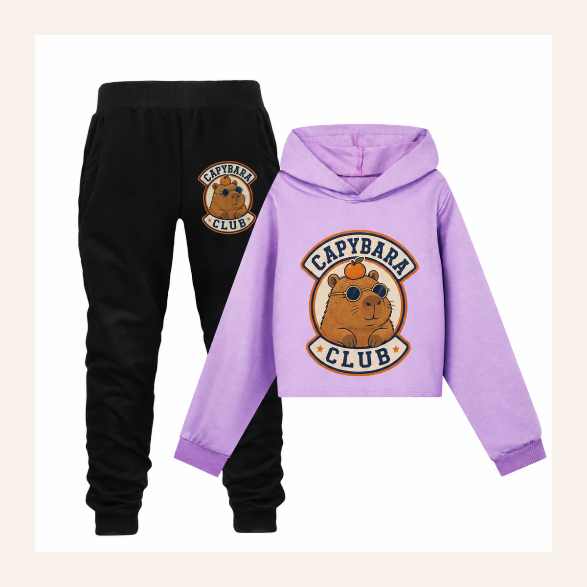 Capybara Club Custom Girls Cropped Hoodie and Pants Set AI-rendered from the exact blank product, shown in an alternate clean ecommerce presentation