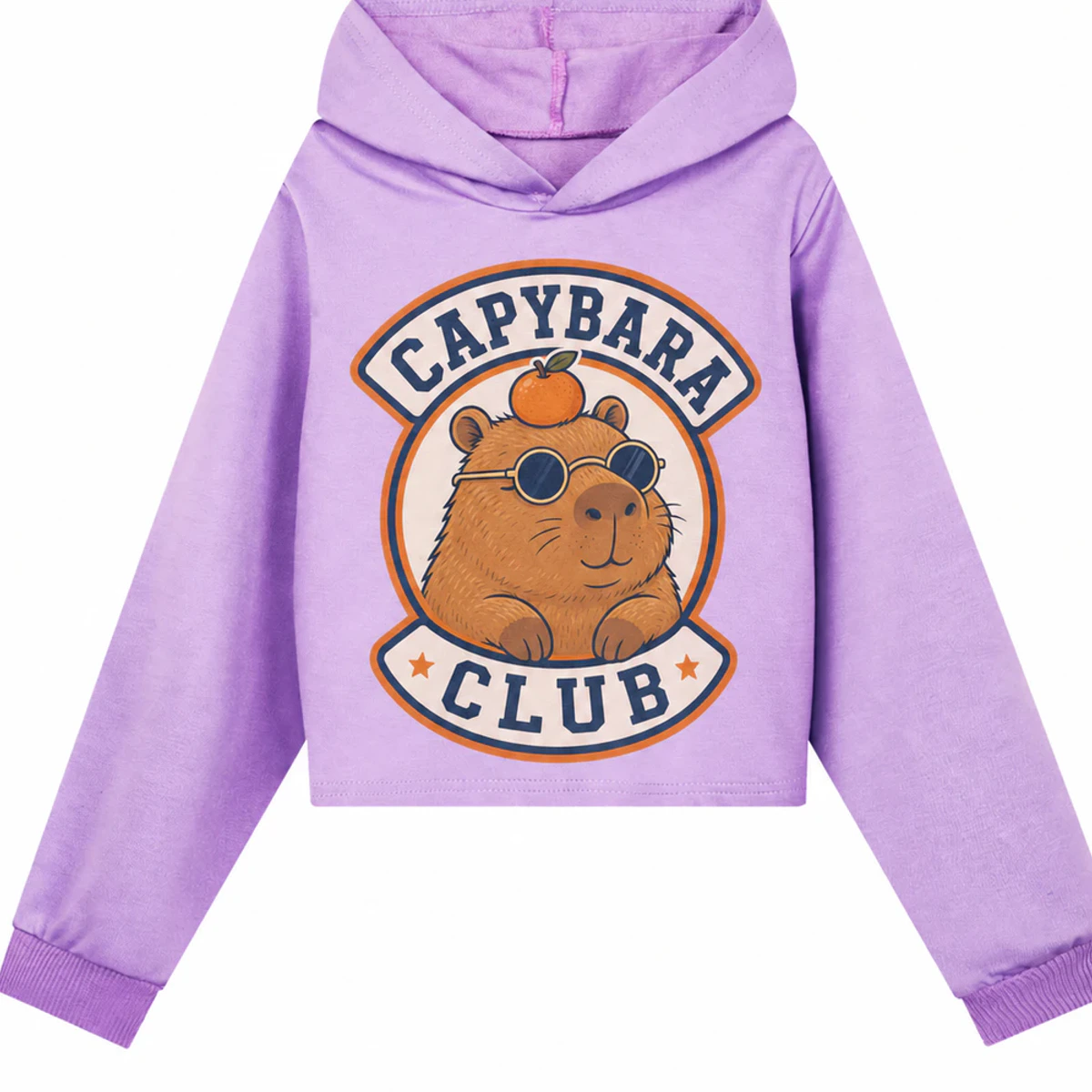 Capybara Club Custom Girls Cropped Hoodie AI-rendered from the exact blank product, showing integrated print and fabric detail