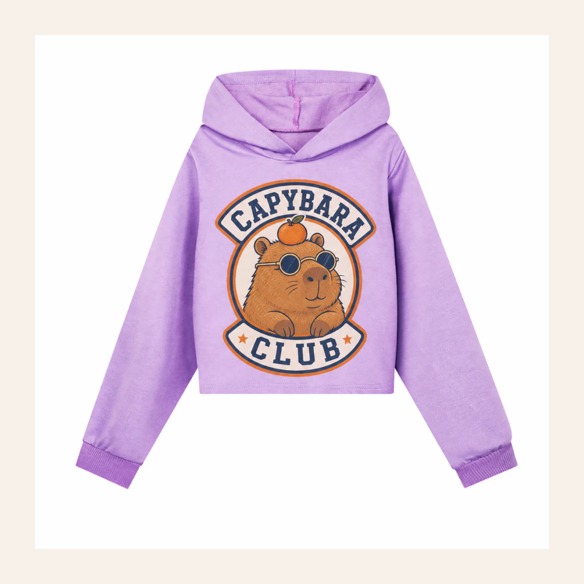 Capybara Club Custom Girls Cropped Hoodie AI-rendered from the exact blank product, shown in an alternate clean ecommerce presentation