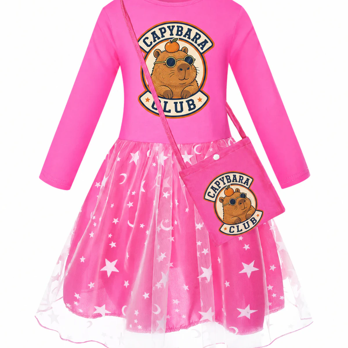 Capybara Club Custom Girls Long Tulle and Star Skirt Styles with Bag AI-rendered from the exact blank product, showing integrated print and fabric detail