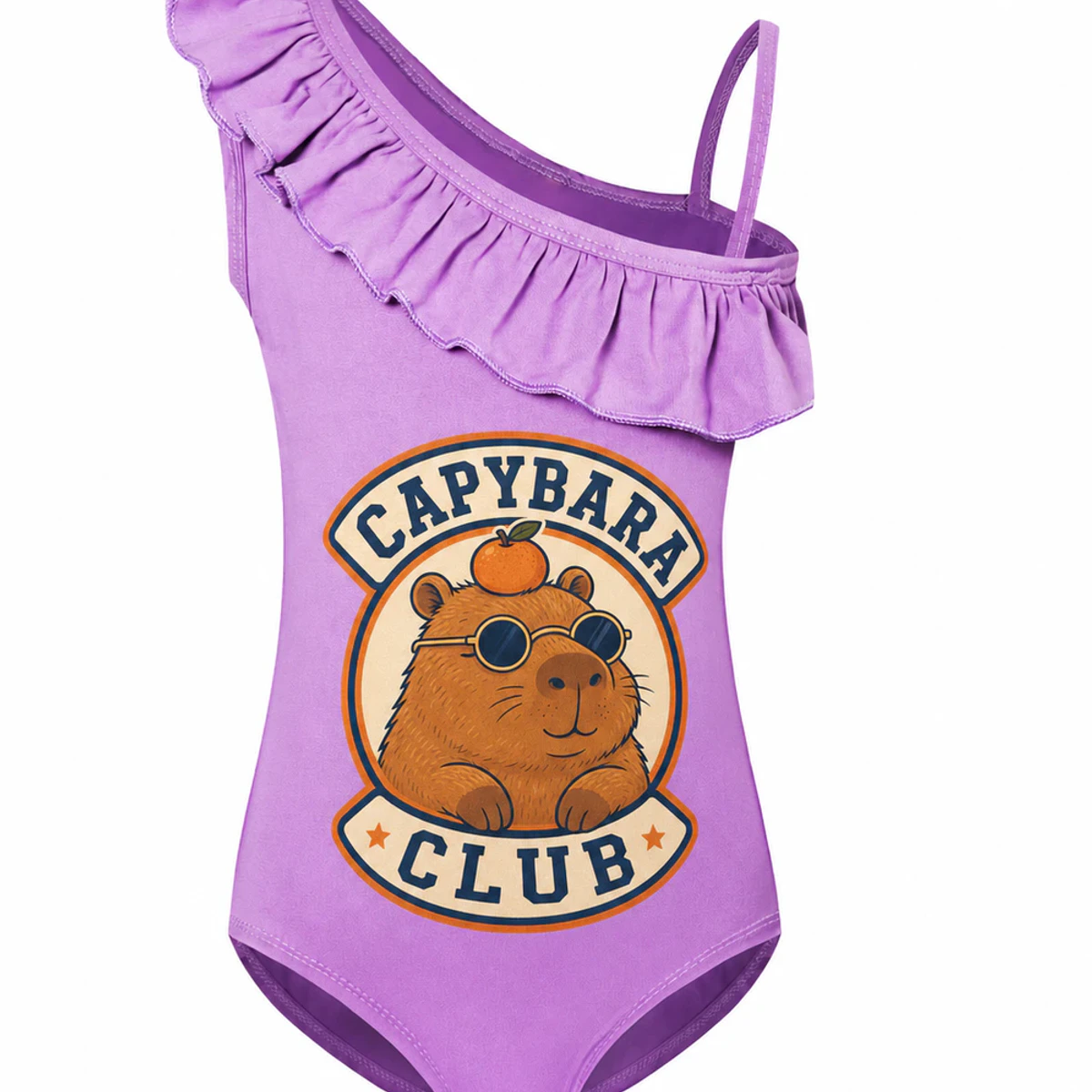 Capybara Club Custom Girls Asymmetric-Ruffle One-Piece Swimsuit AI-rendered from the exact blank product, showing integrated print and fabric detail