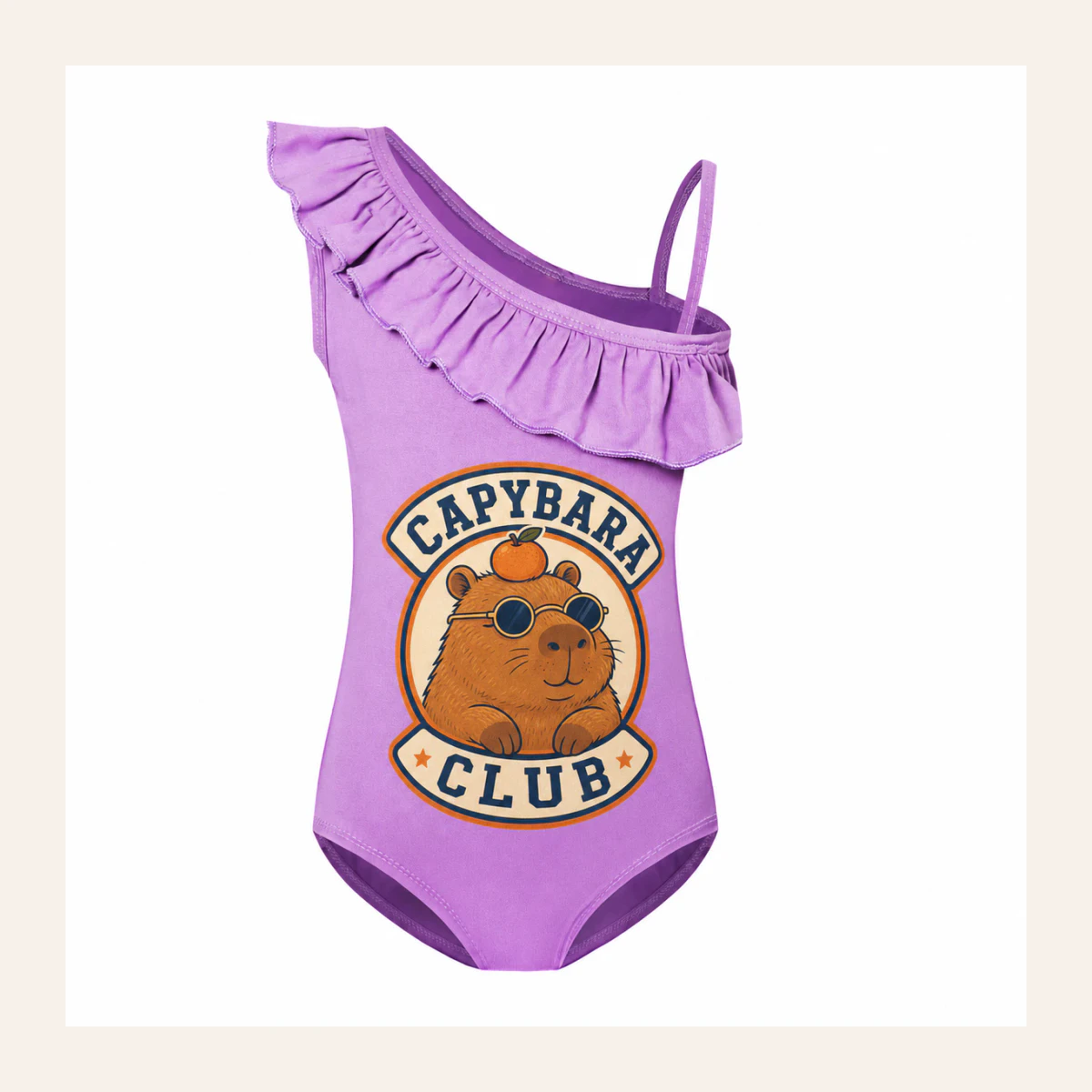 Capybara Club Custom Girls Asymmetric-Ruffle One-Piece Swimsuit AI-rendered from the exact blank product, shown in an alternate clean ecommerce presentation