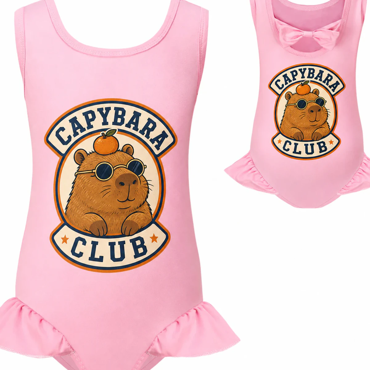 Capybara Club Custom Girls Wide-Strap Bow-Back One-Piece Swimsuit AI-rendered from the exact blank product, showing integrated print and fabric detail