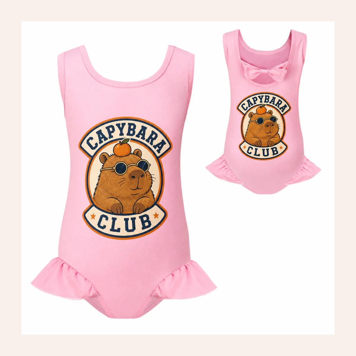 Capybara Club Custom Girls Wide-Strap Bow-Back One-Piece Swimsuit AI-rendered from the exact blank product, shown in an alternate clean ecommerce presentation