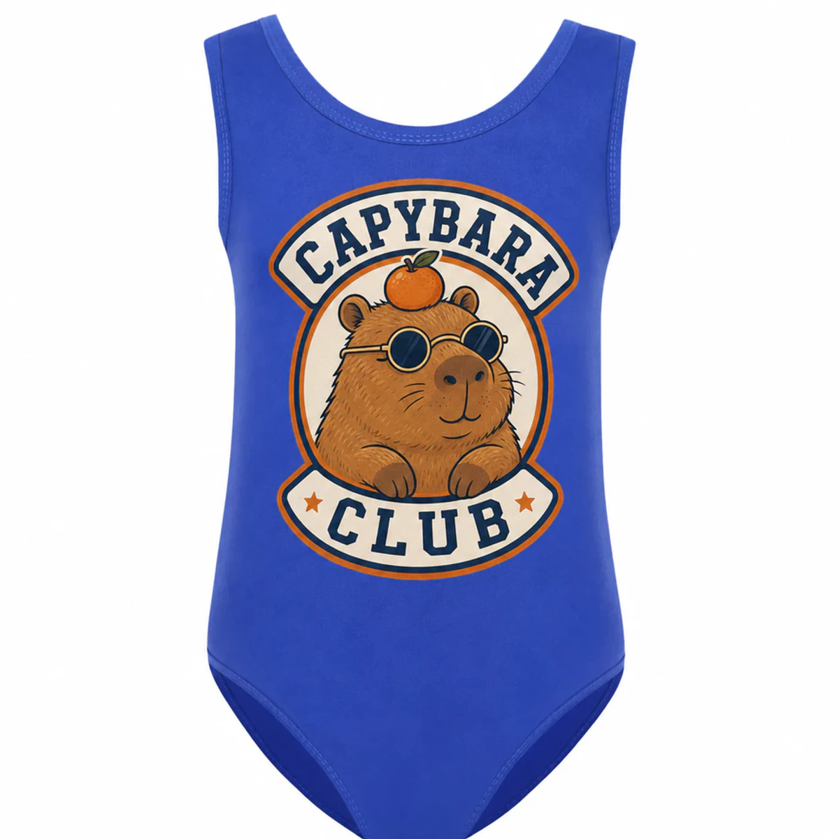 Capybara Club Custom Girls Ruffle-Hem One-Piece Swimsuit AI-rendered from the exact blank product, showing integrated print and fabric detail
