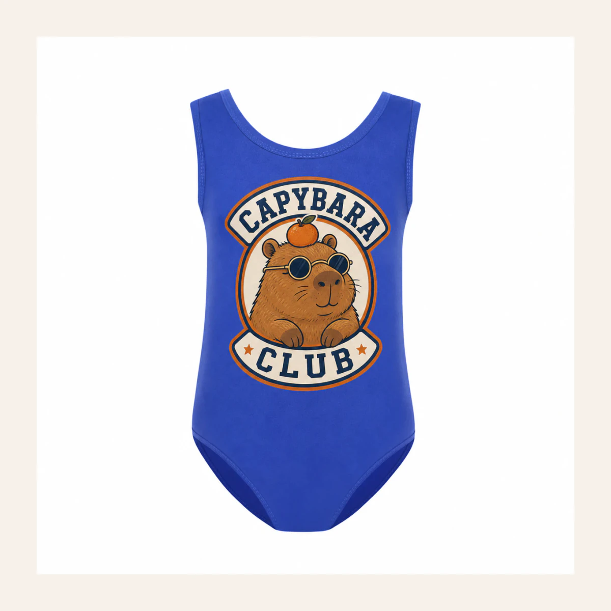 Capybara Club Custom Girls Ruffle-Hem One-Piece Swimsuit AI-rendered from the exact blank product, shown in an alternate clean ecommerce presentation