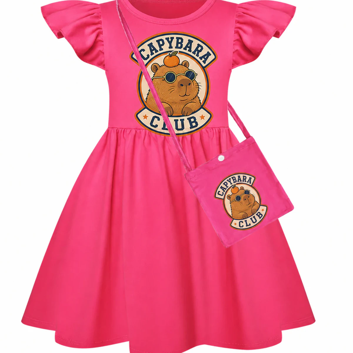 Capybara Club Custom Girls Short-Sleeve Sleep Dress with Crossbody Bag AI-rendered from the exact blank product, showing integrated print and fabric detail