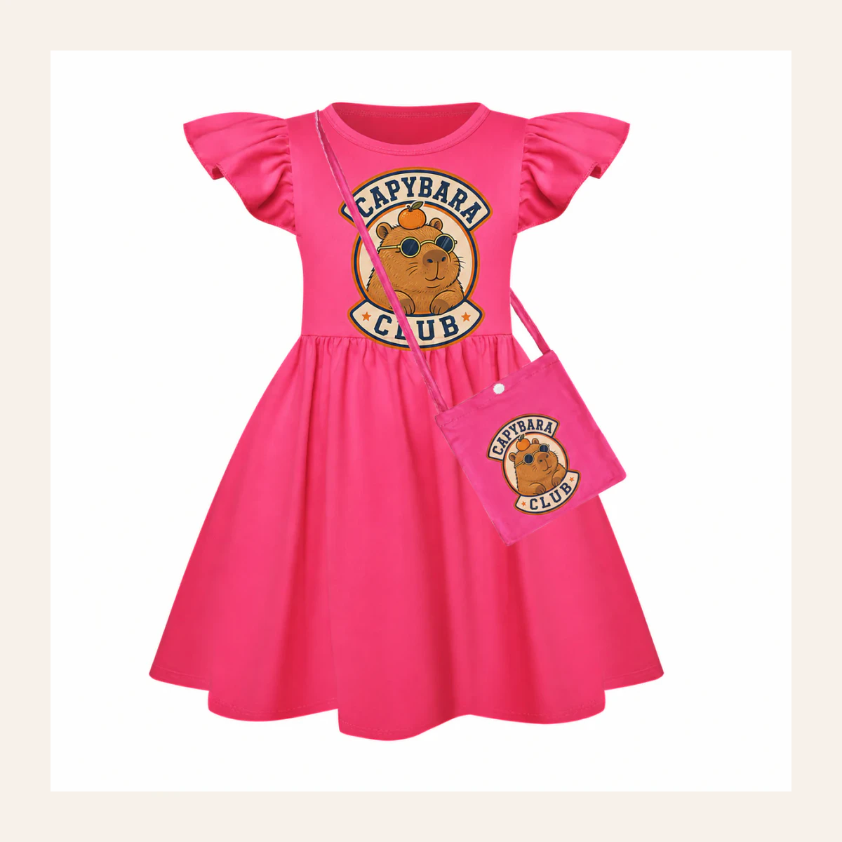 Capybara Club Custom Girls Short-Sleeve Sleep Dress with Crossbody Bag AI-rendered from the exact blank product, shown in an alternate clean ecommerce presentation