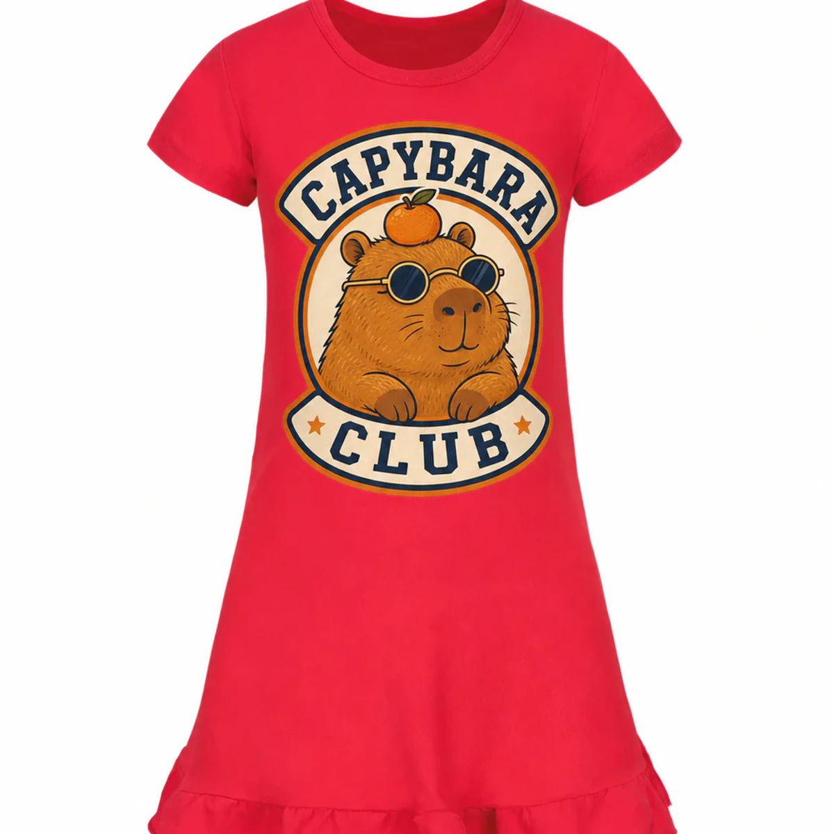 Capybara Club Custom Girls Short-Sleeve Sleep Dress AI-rendered from the exact blank product, showing integrated print and fabric detail