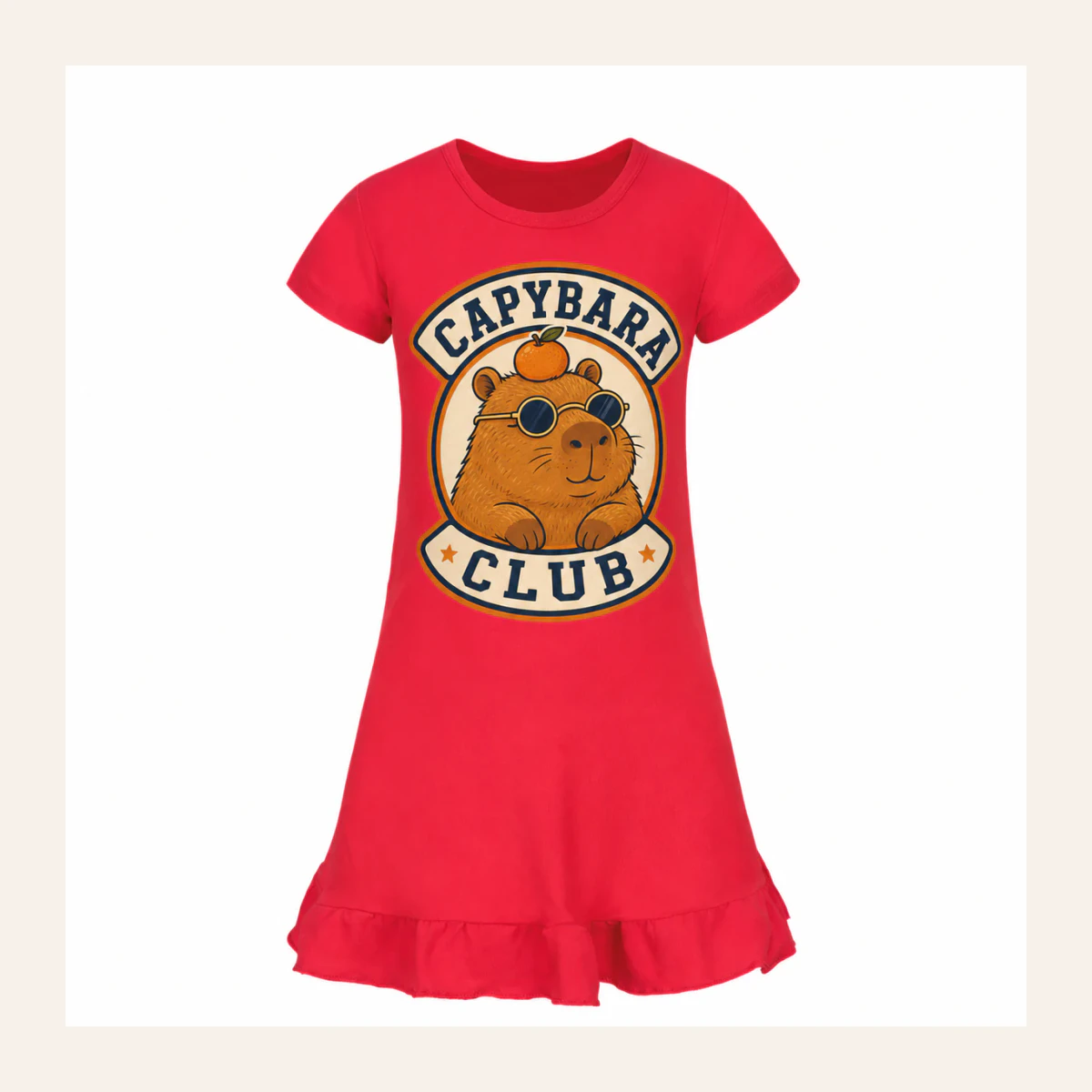 Capybara Club Custom Girls Short-Sleeve Sleep Dress AI-rendered from the exact blank product, shown in an alternate clean ecommerce presentation