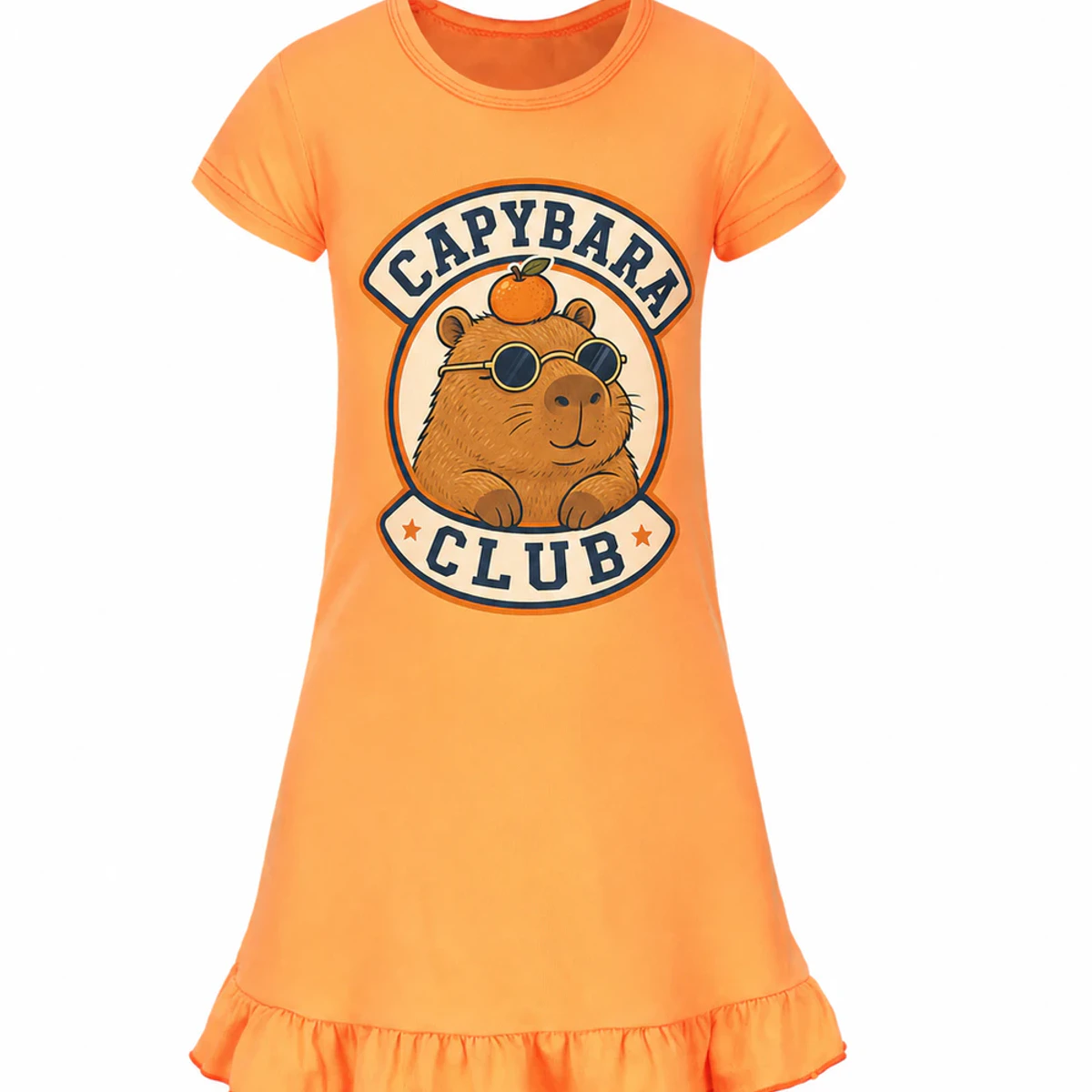 Capybara Club Custom Girls Short-Sleeve Sleep Dress AI-rendered from the exact blank product, showing integrated print and fabric detail