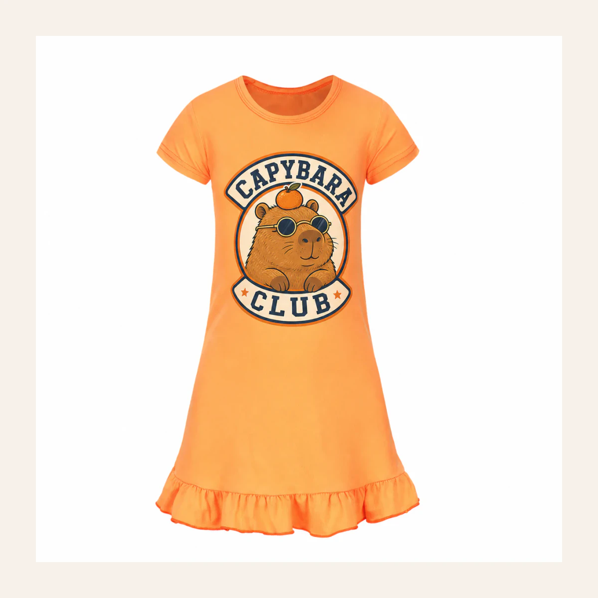 Capybara Club Custom Girls Short-Sleeve Sleep Dress AI-rendered from the exact blank product, shown in an alternate clean ecommerce presentation