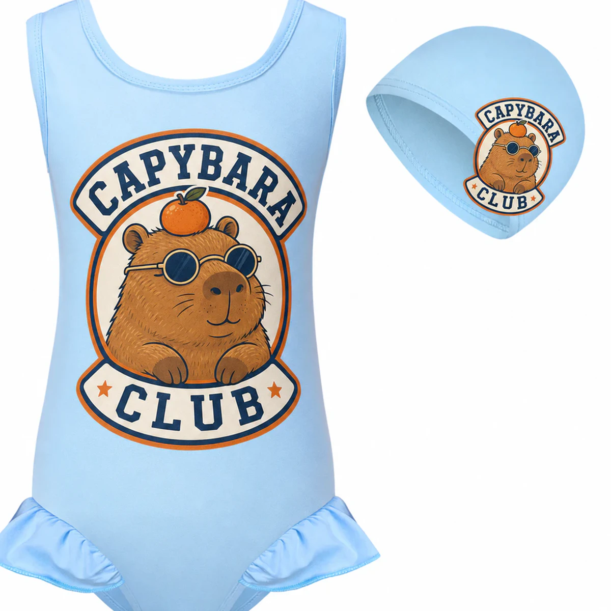 Capybara Club Custom Girls Wide-Strap Swimsuit and Cap Set AI-rendered from the exact blank product, showing integrated print and fabric detail
