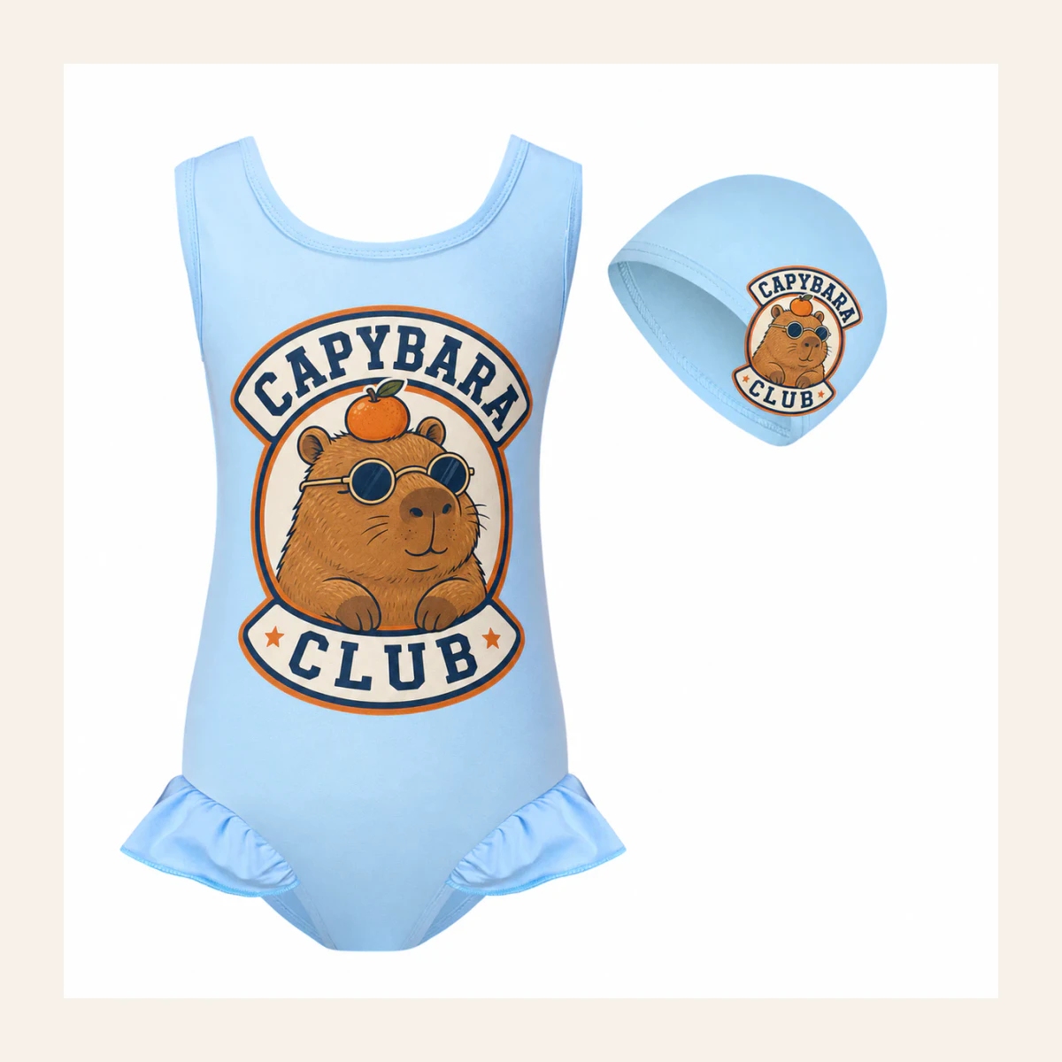 Capybara Club Custom Girls Wide-Strap Swimsuit and Cap Set AI-rendered from the exact blank product, shown in an alternate clean ecommerce presentation