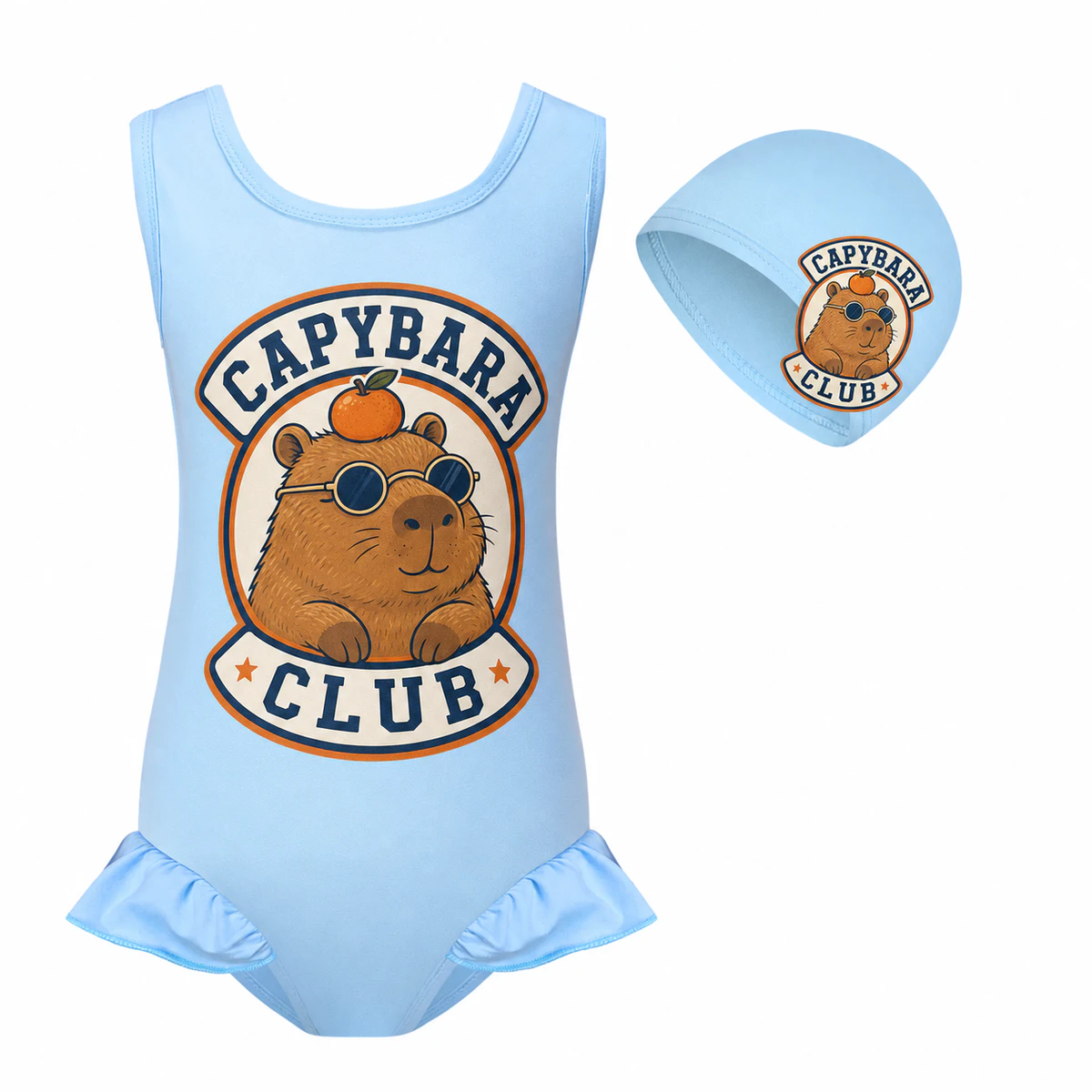 Capybara Club Girls Wide-Strap Swimsuit and Cap Set for Kids product preview