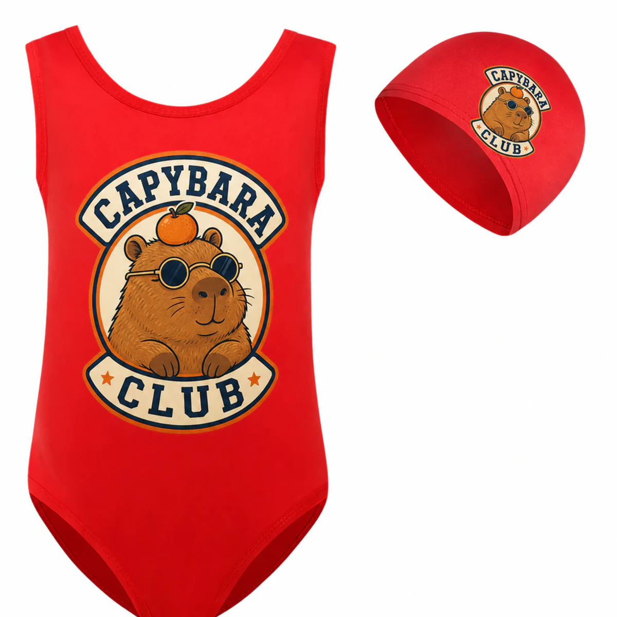 Capybara Club Custom Girls Ruffle Swimsuit and Cap Set AI-rendered from the exact blank product, showing integrated print and fabric detail