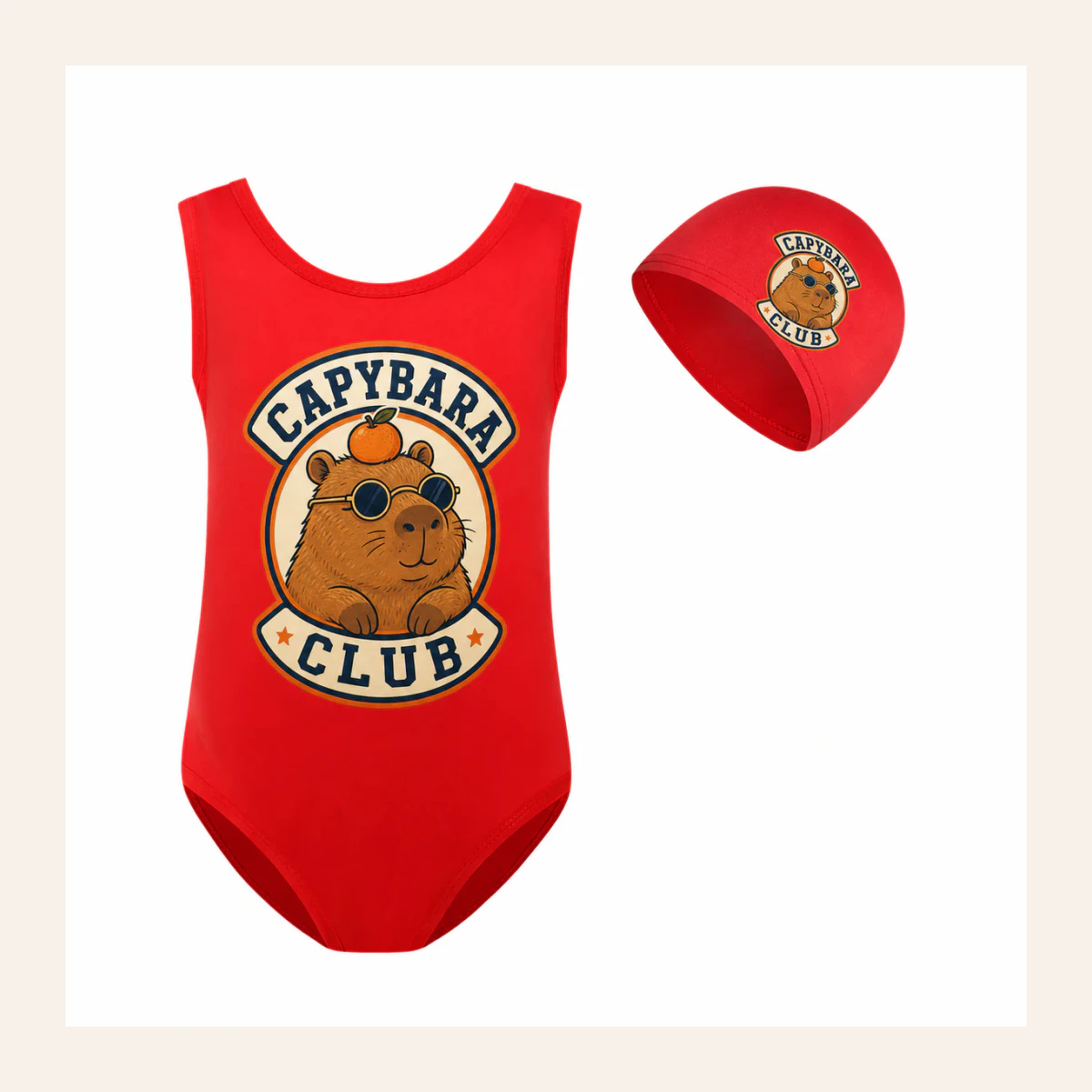 Capybara Club Custom Girls Ruffle Swimsuit and Cap Set AI-rendered from the exact blank product, shown in an alternate clean ecommerce presentation