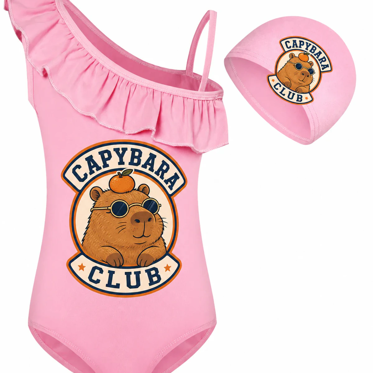 Capybara Club Custom Girls Asymmetric-Ruffle Swimsuit and Cap Set AI-rendered from the exact blank product, showing integrated print and fabric detail