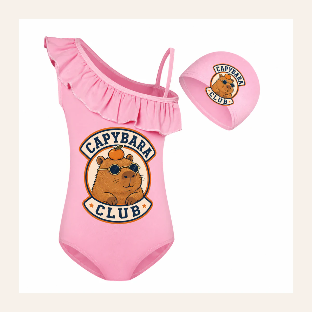 Capybara Club Custom Girls Asymmetric-Ruffle Swimsuit and Cap Set AI-rendered from the exact blank product, shown in an alternate clean ecommerce presentation