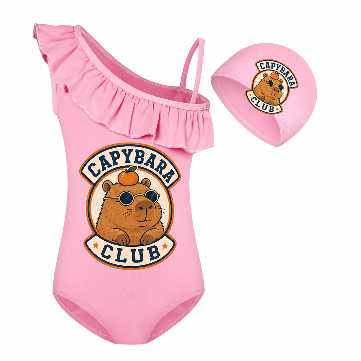 Capybara Club Girls Asymmetric-Ruffle Swimsuit and Cap Set for Kids product preview