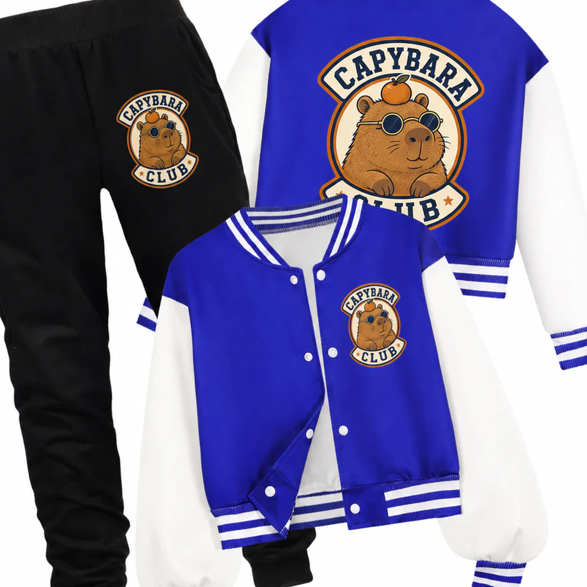 Capybara Club Custom Kids Baseball Jacket and Pants Set AI-rendered from the exact blank product, showing integrated print and fabric detail