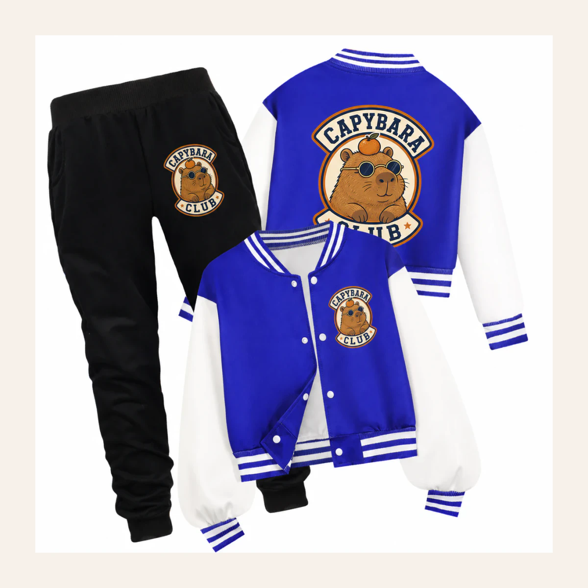 Capybara Club Custom Kids Baseball Jacket and Pants Set AI-rendered from the exact blank product, shown in an alternate clean ecommerce presentation