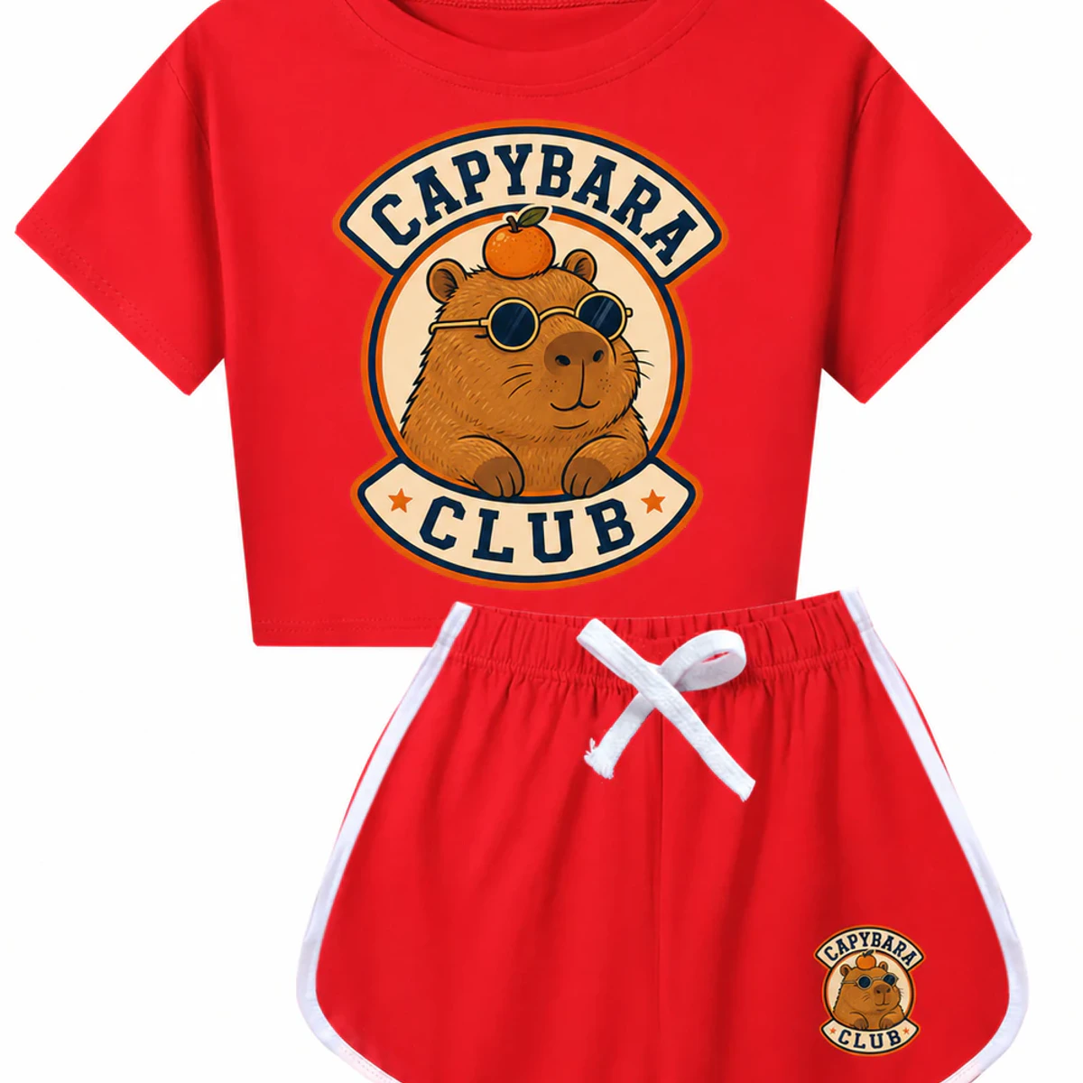 Capybara Club Custom Kids Checker Short-Sleeve Top and Shorts Set AI-rendered from the exact blank product, showing integrated print and fabric detail