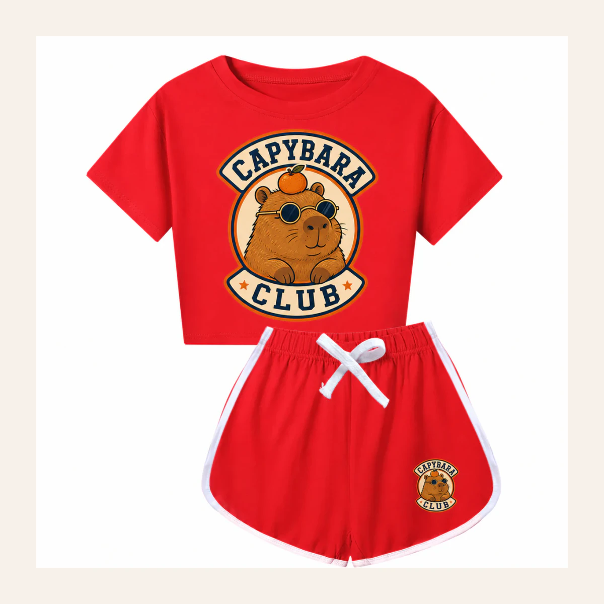 Capybara Club Custom Kids Checker Short-Sleeve Top and Shorts Set AI-rendered from the exact blank product, shown in an alternate clean ecommerce presentation