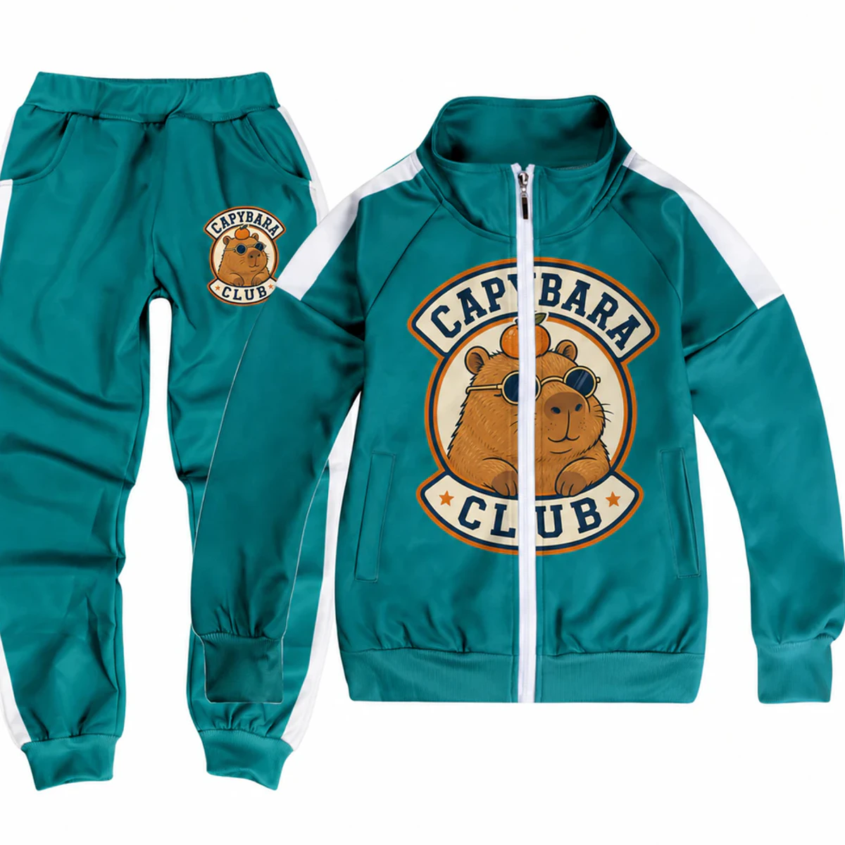 Capybara Club Custom Kids Color-Block Jacket and Pants Set AI-rendered from the exact blank product, showing integrated print and fabric detail